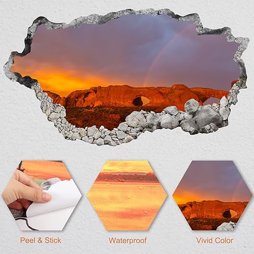 Miniatura 6 de Calcomanía de pared rota en 3D para despegar y pegar con vista de agujeros de arco iris y montaña, calcomanía mural de pared para dormitorio, sala