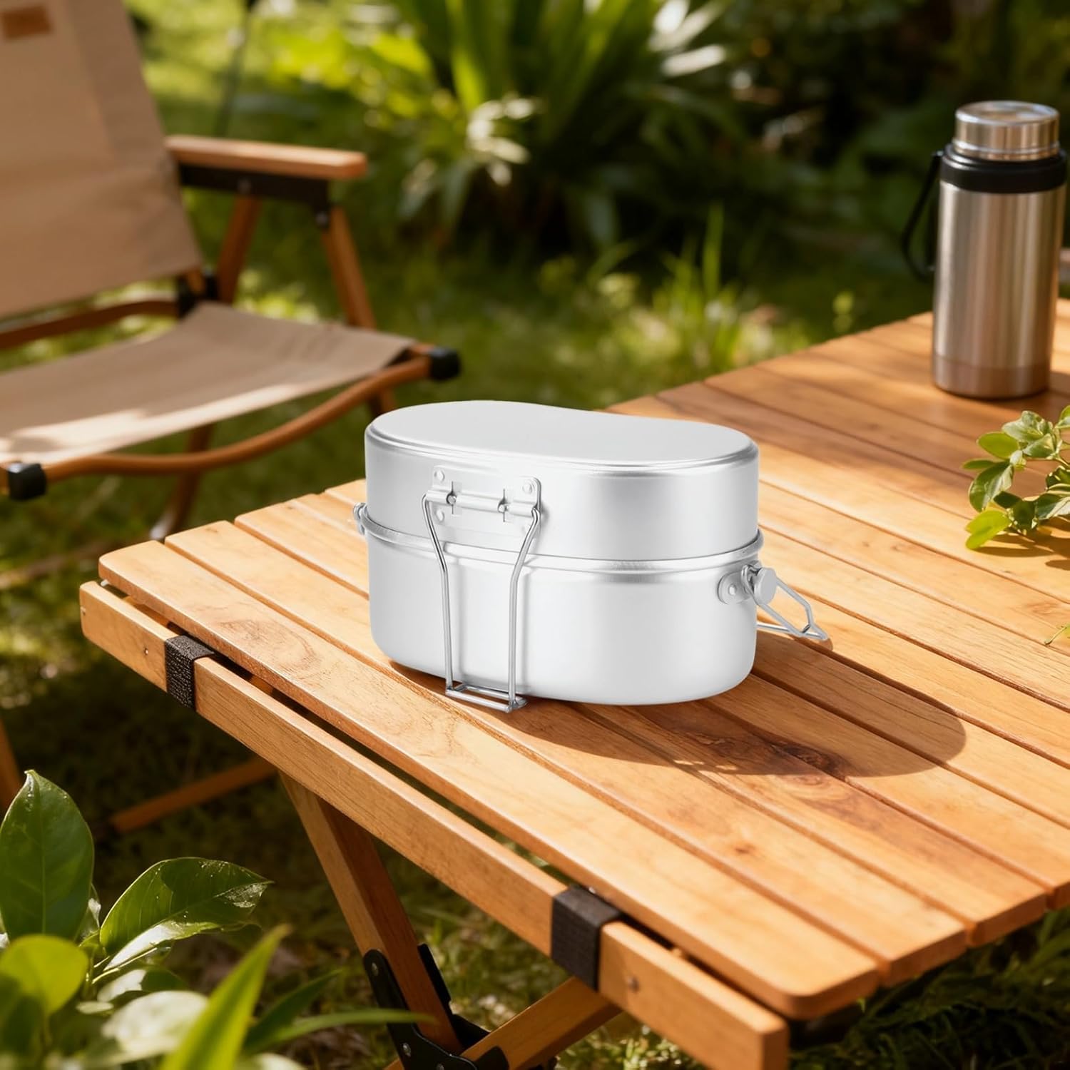 7.9 X 5.9 In Aluminum Mess Kit, 2-Tier Portable Food Container With Folding Handle, German Armed Style For Camping