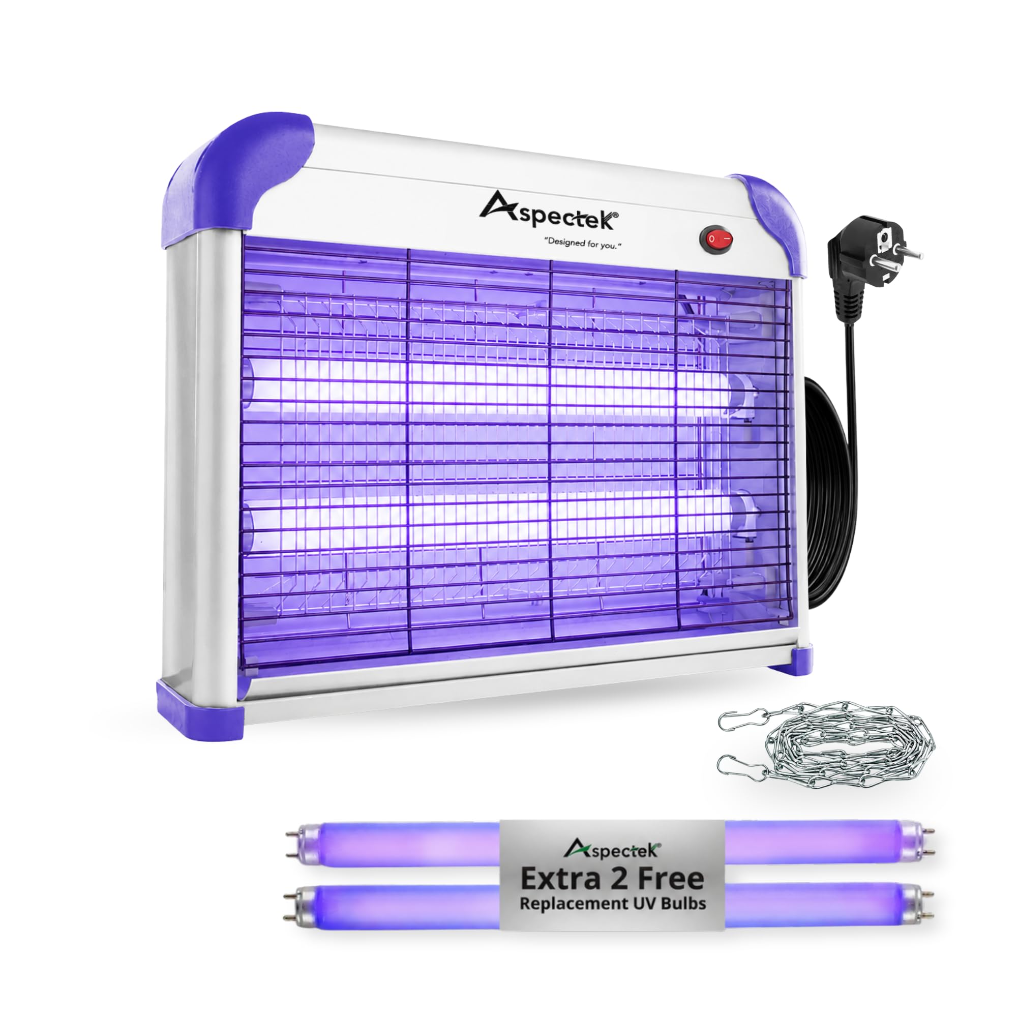 ASPECTEK Elektryczna Pułapka na Owady 20W - Cicha i Skuteczna - Zabójca Komarów, Much i Innych Szkodników - Mocna Siatka 2800 V, Światło Przeciw Owadom - 2 Zamienne Żarówki UV