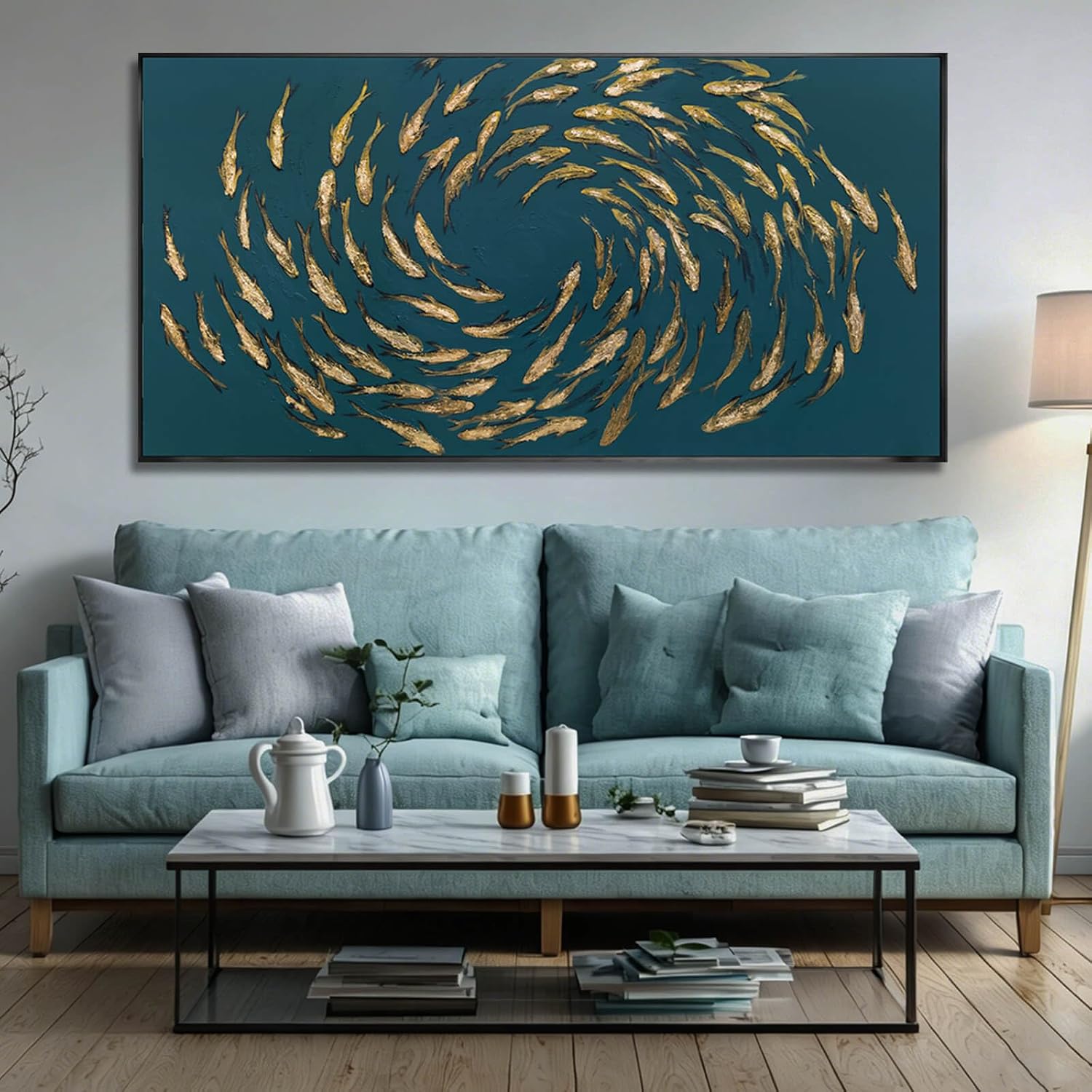 Fish Gold Wall Decor Ocean Sea Framed Large Canvas Wall Art for Living Room Circle Print Pictures Paintings Artwork for Bedroom Office 24"x48"