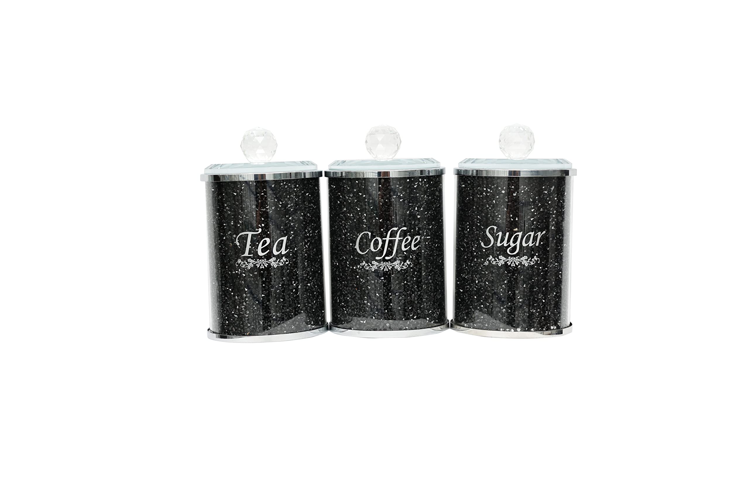 ONEBRAND Black Crushed Diamond Crystal Filled Tea Coffee Sugar Containers/Canisters Jars - Modern Décor Jar for Kitchen - Sparkling Set.