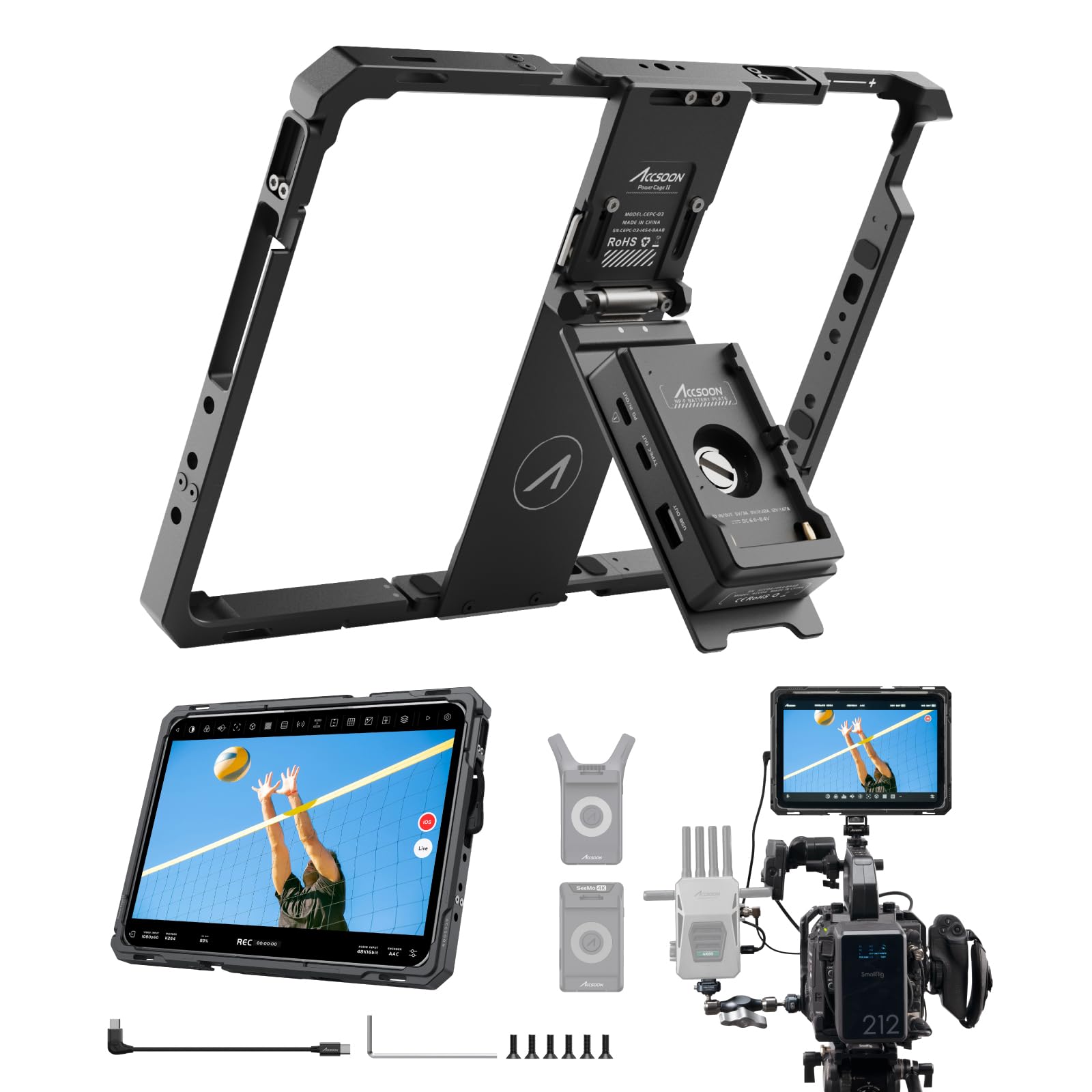 Accsoon PowerCage Ⅱ iPad Case with NP-F Battery Adapter, Protective Case for ipad Gen 7, 8, 9, 10, 11,pad Air 3, 4, 5,6,7 ipad Pro 10.5inch, 11inch (M4/M5)，Use with SeeMo/SeeMo Pro/Nano