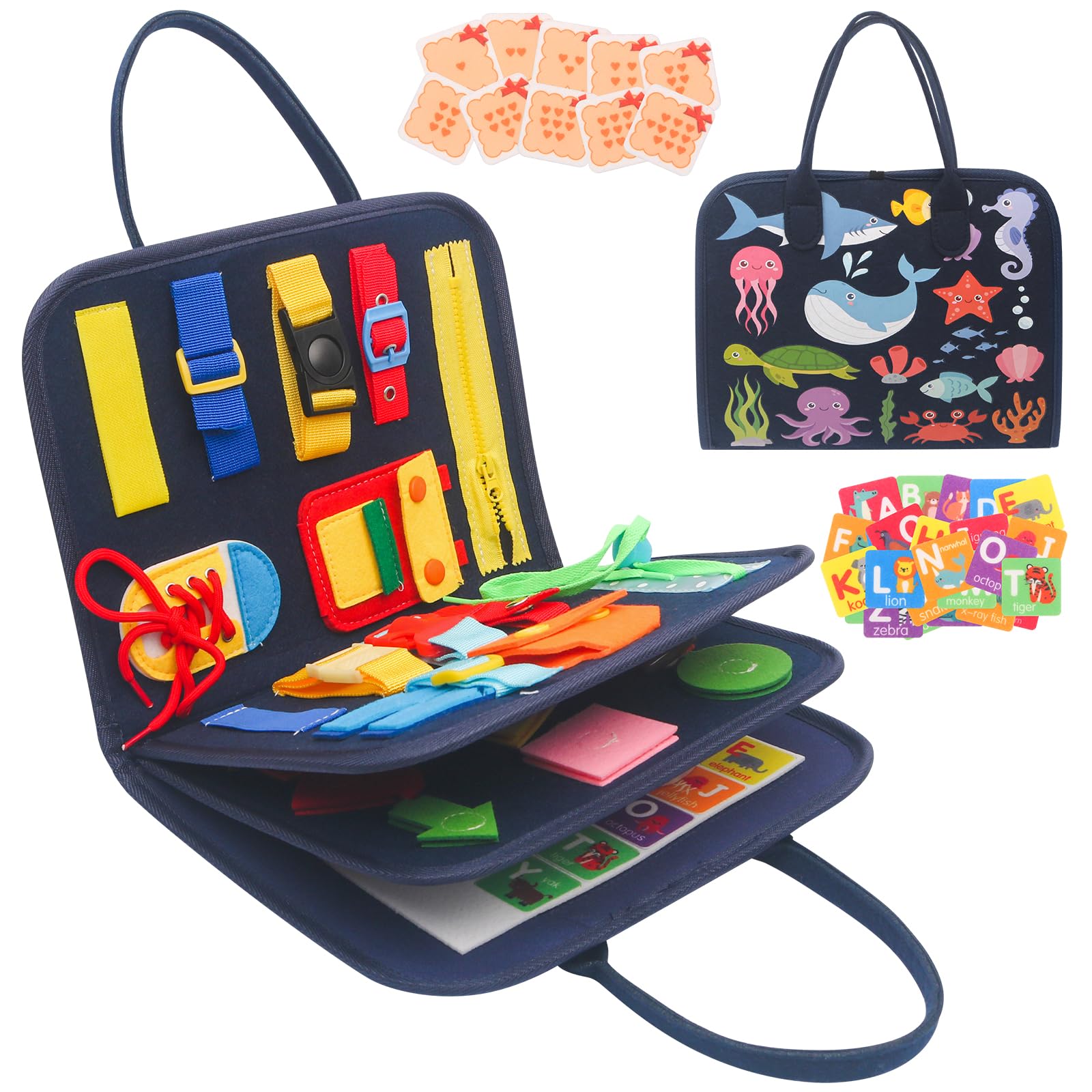 Withosent Busy Board per Bambini, 4 Strati Giochi Montessori, Pannello Sensoriale Montessori, Giochi Educativi 3 4 Anni con Fibbie, Cerniere, Lacci, Bottoni, Orologio, Alfabeto