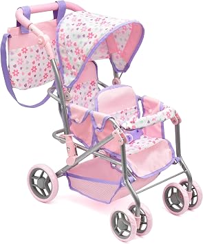 Baby Doll Double Stroller, Twin Buggy Carriage Pretend Play for Girls Kids Toddlers 27 Inches High Rotating Wheels Storage Basket Diaper Bag Pink