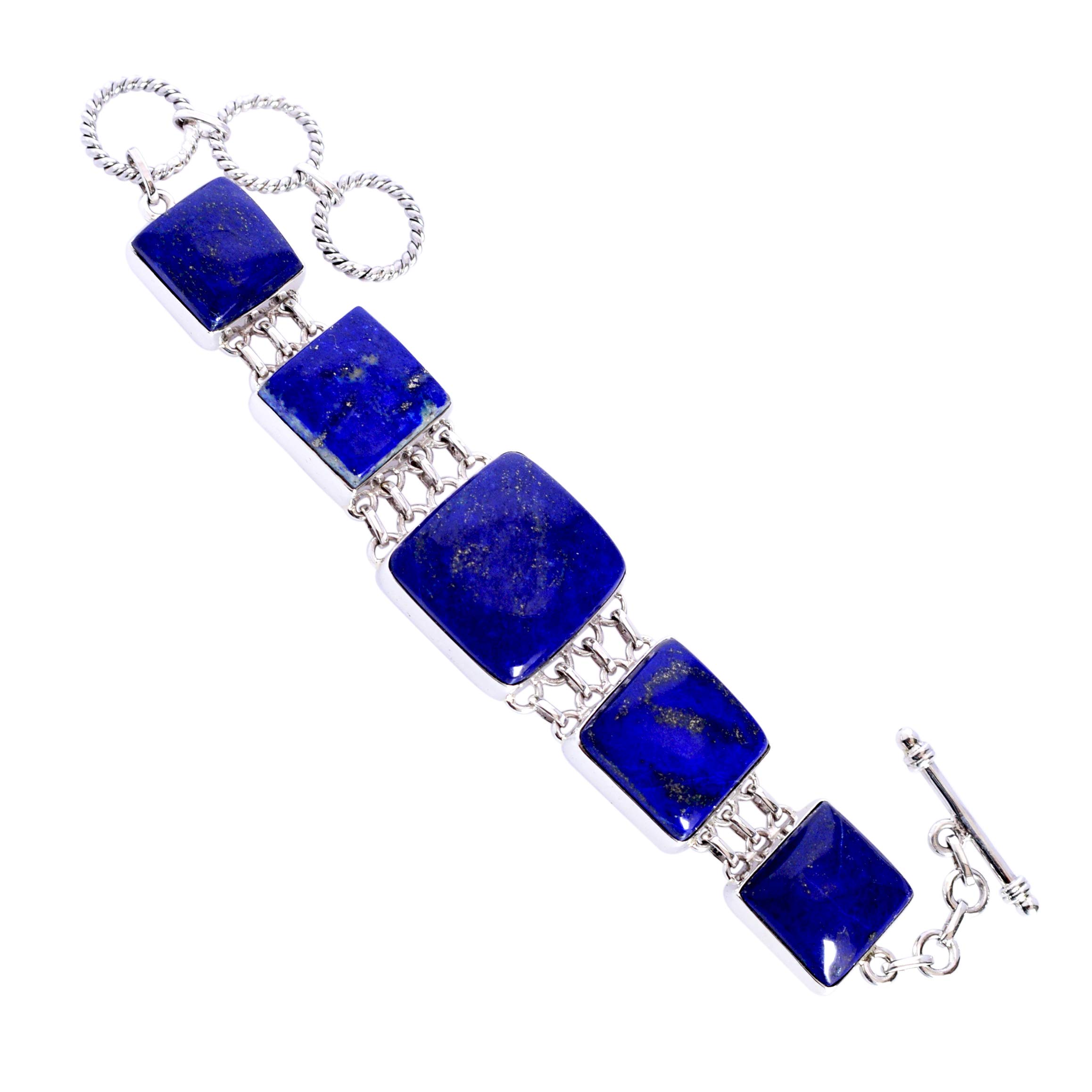 Braccialetto in argento con lapislazzuli 19 cm di lunghezza e placcatura in rodio bianco 925 con lunetta con pietre preziose blu, con castone quadrato cabochon con chiusura a