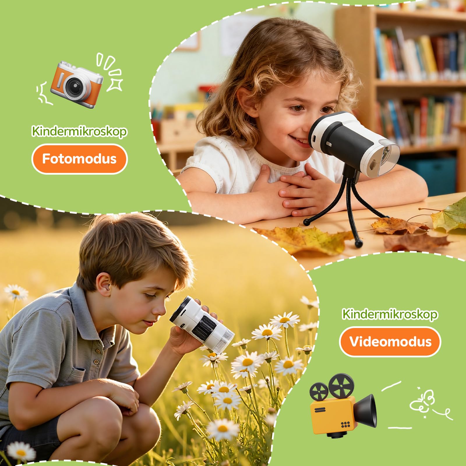 Digitales Mikroskop für Kinder mit 16GB Speicherkarte, 1000X Kinder Mikroskop mit 1080P HD 2,0" IPS‑Bildschirm, LED-Licht & USB, Kindermikroskop zum Lernen, Entdecken & Naturbeobachten, ab 6 Jahre