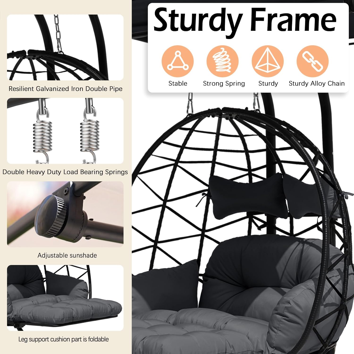Double Egg Chair Outdoor with Stand & Adjustable Canopy, Extra Large 2 Person Patio Egg Chair with Leg Rests, Hanging Swing Chair with Thickened Cushion, Swinging Love Seat for Outdoor Patio (HHH)