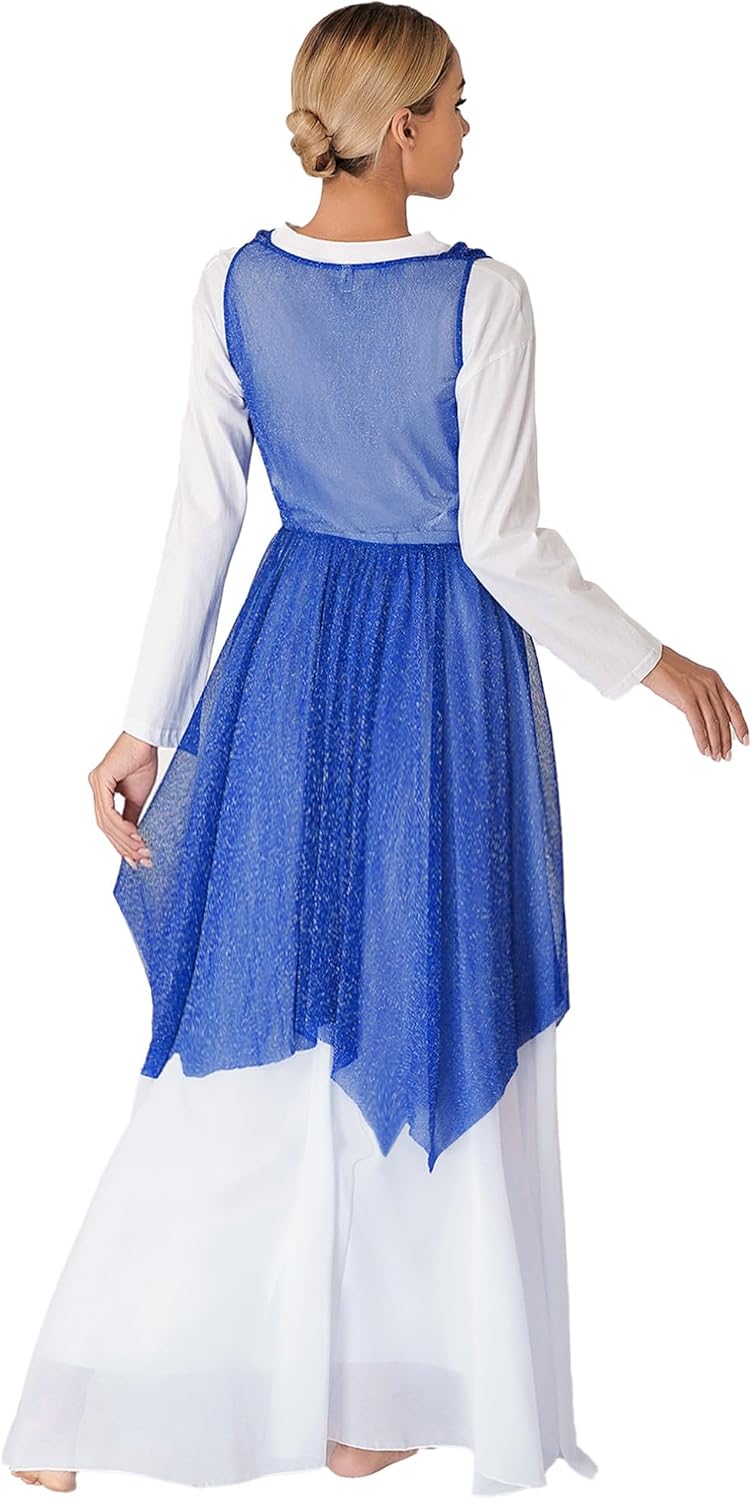 YiZYiF Womens Praise Dance Dress Tunic Glittery See-Through Liturgical Overlay Dresses Lyrical Dance Costume