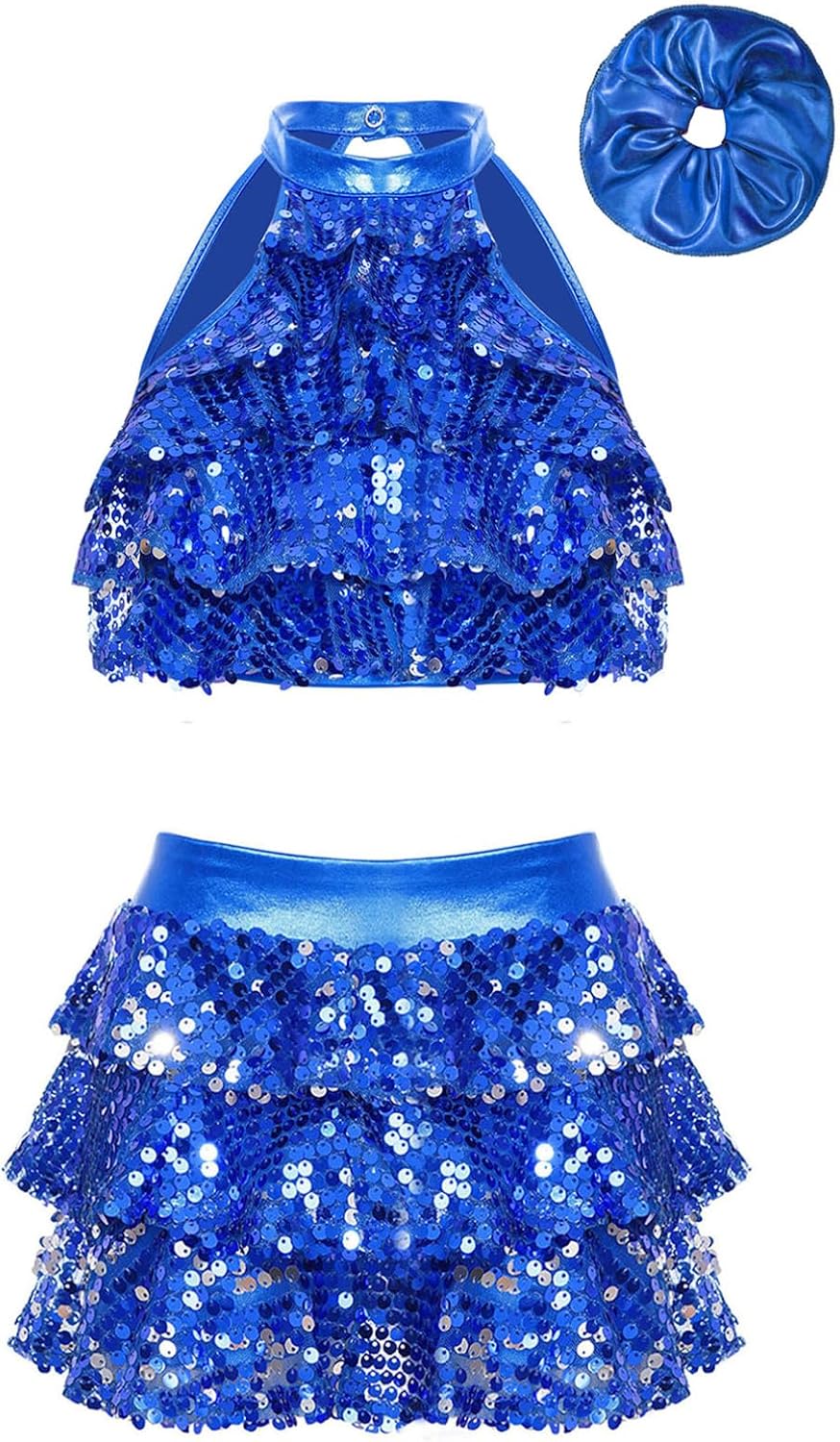 Linjinx Kids Girls Sleeveless Sequin Metallic Crop Top with Ruffle Skirted Hair Band for Dance Performance Competition