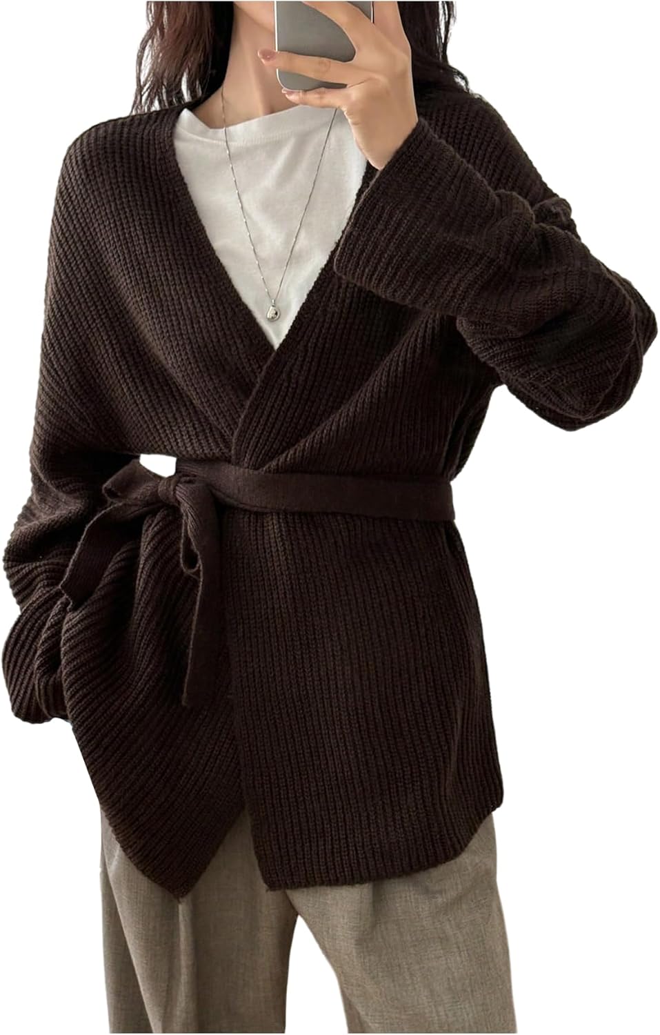 MakeMeChic Women's Wrap Sweater Cardigan Long Sleeve V Neck Belted Rib Knitted Fall Retro Knit Tops