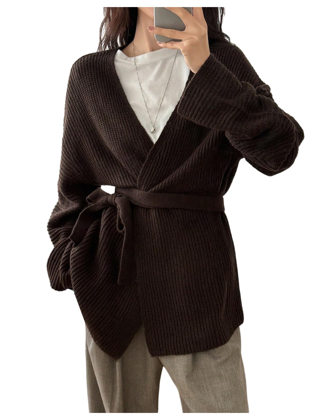 MakeMeChic Womens Wrap Sweater Cardigan Long Sleeve V Neck Belted Rib Knitted Fall Retro Knit Tops