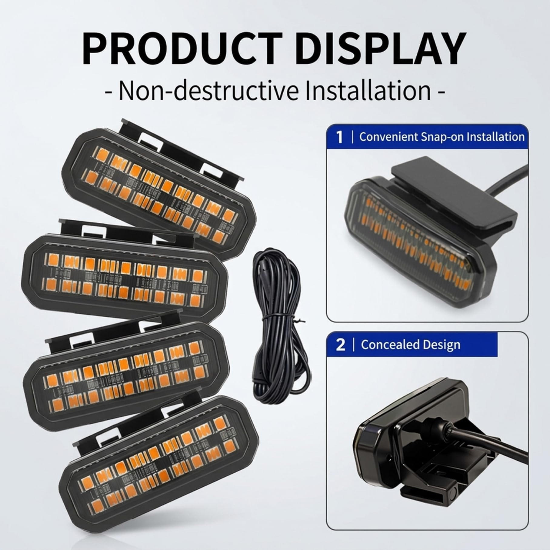 4 luces de parrilla, luz LED con clip, luces de parrilla ámbar negro con IP68 impermeable para camiones, coches, fácil instalación sin taladro