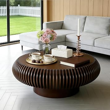 Round Fluted Coffee Table with Pedestal Base, Handcrafted Drum Center Table, Farmhouse Style | Sturdy Pedestal, Space-Saving Design for Living Room & Small Apartment,Walnut 80 cm