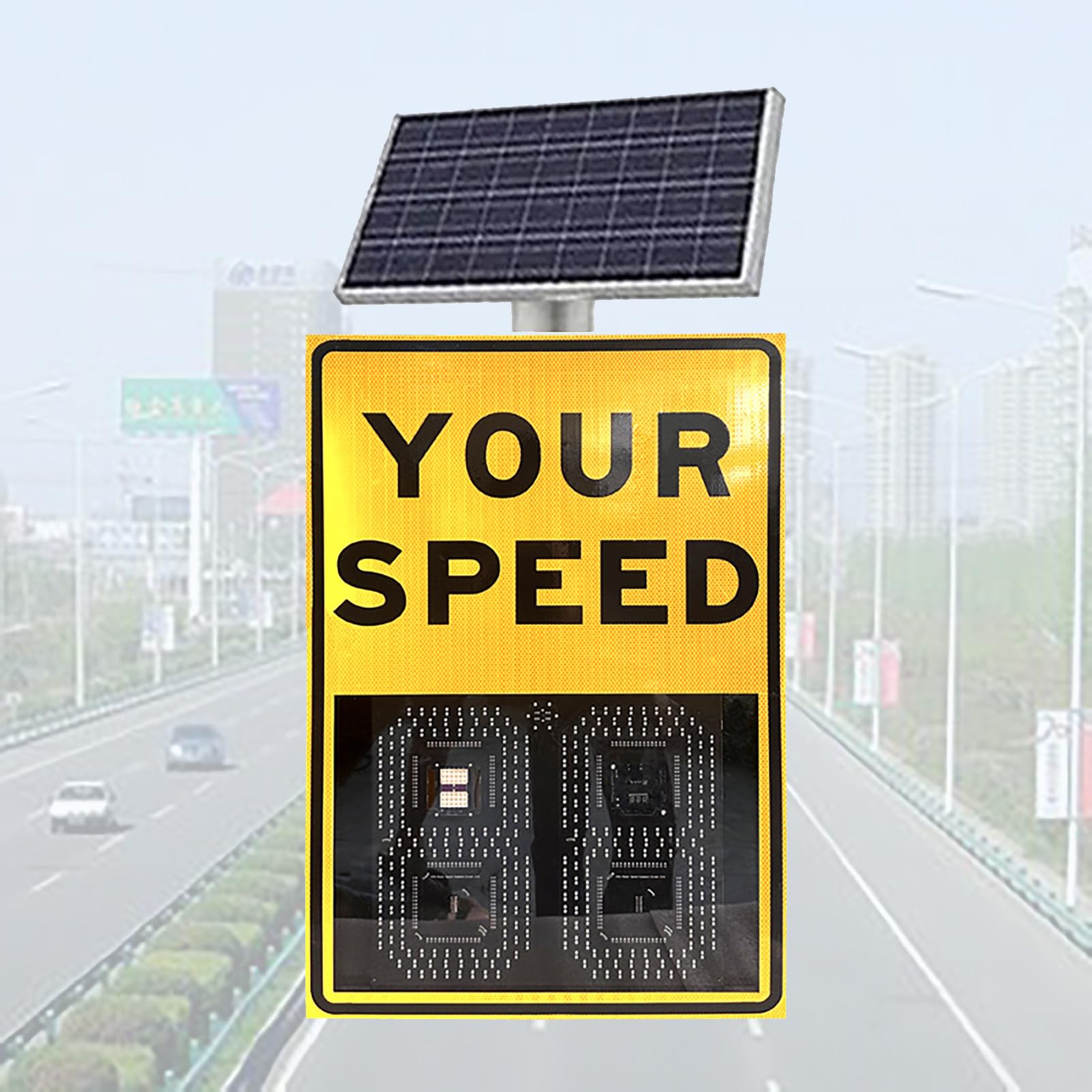 SeñAl de Velocidad con Radar Solar Led con Control Remoto y Accesorios, Distancia Visible >1000 M, SeñAles de TráFico para Autopistas y Carreteras con LíMite de Velocidad. Yellow-50x70cm