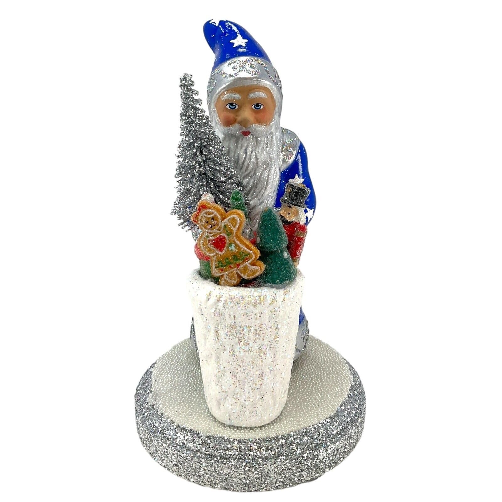 Christmas Decorations for The Holiday - Blue Santa with Stars and Basket of German Paper Mache - Decorations for Christmas sdf-782