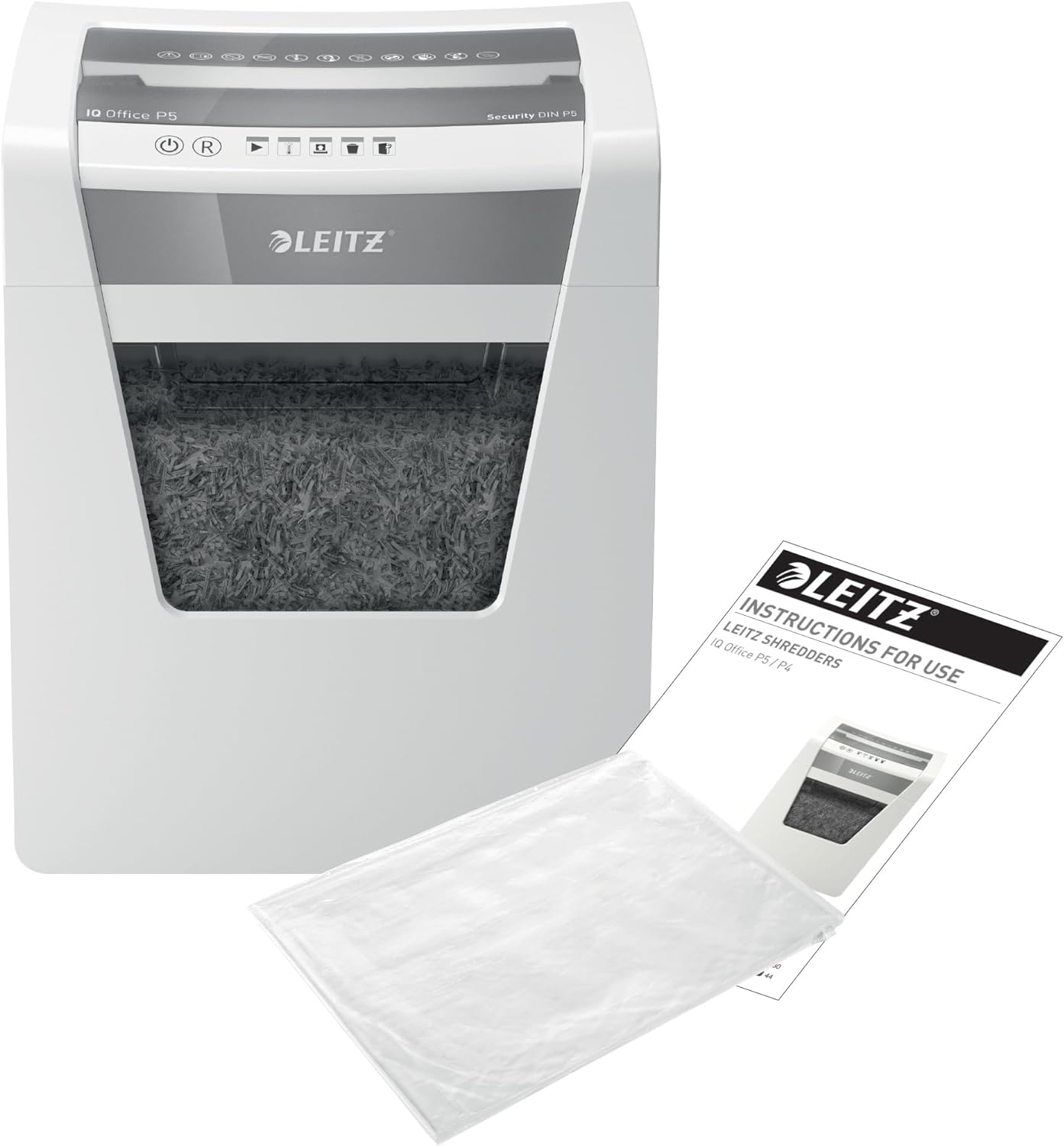 Leitz IQ Office Shredder with instruction manual and packaging