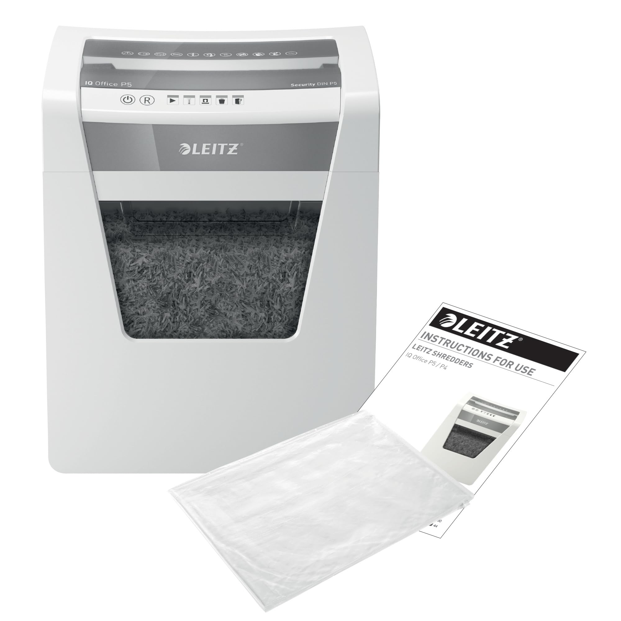 Leitz IQ, Distruggidocumenti Office P5, 10 fogli A4, Taglio micro, Sicurezza P5, Capacità 23 litri, Tecnologia anti-inceppamento, Tecnologia Touch-Control, 80020000