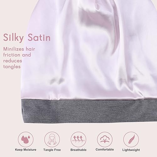 Miniatura 4 de Hat Hut Gorro de satén de seda para el cabello, gorro de dormir para cabello rizado, gorro ajustable con forro de seda con orejas