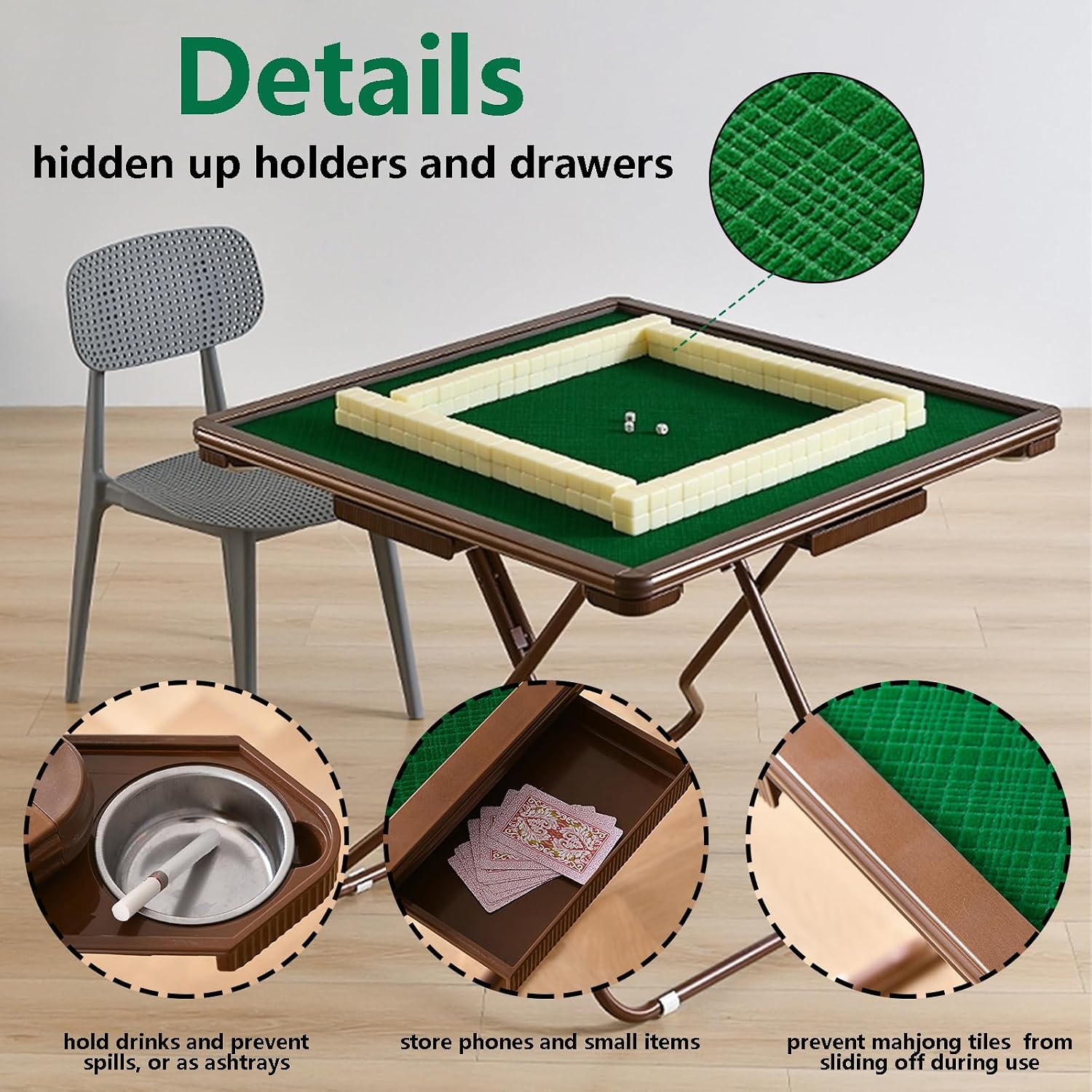 Foldable Mahjong Table, 35" Card Tables Folding Square with 4 Cup Holders & 4 Drawers for 4 People, Mahjong Poker Domino Game Table for Cards Board Games, Green