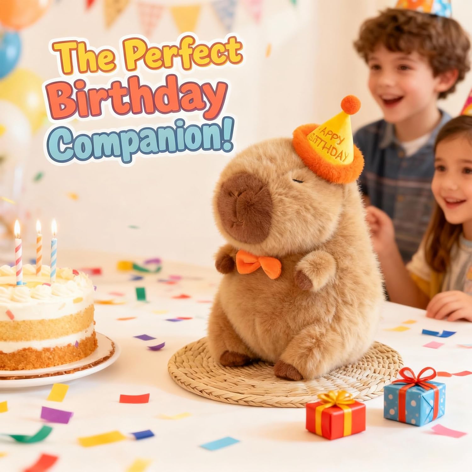 Capybara Plush with Birthday Hat, Kawaii Capybara Doll Stuffed Birthday Gifts Party Decoration, Cute Plush Toy for Girls Cartoon Fans