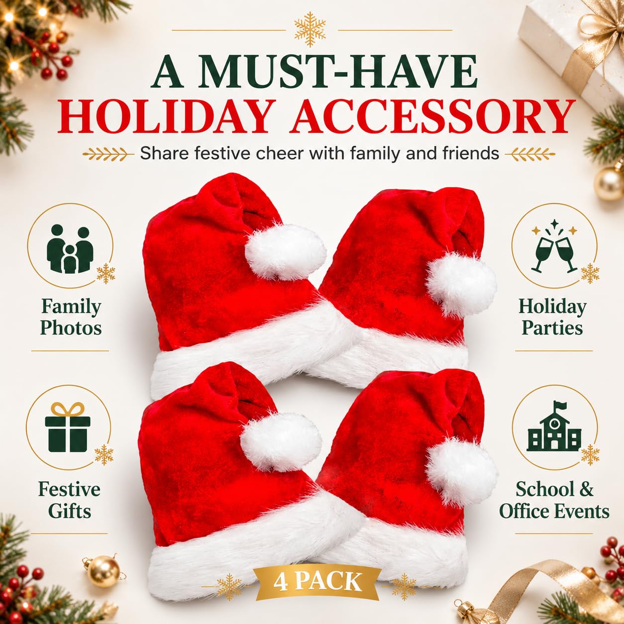 Paquete de 4 gorros de Papá Noel, gorro de Papá Noel de felpa para fiesta de Navidad, tamaño adulto