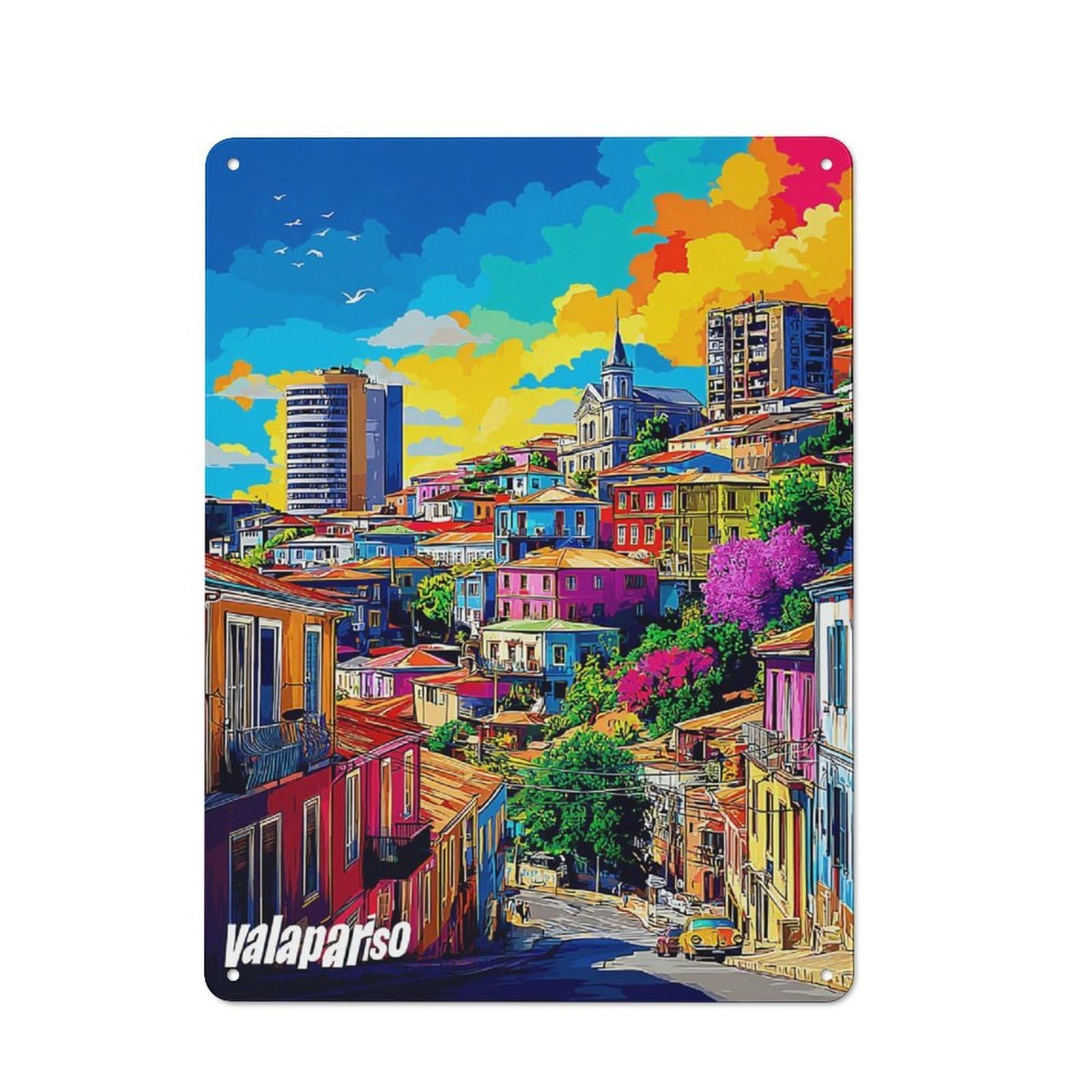 Junmoney Colorful Hillside Cityscape Vintage Tin Sign 40X30cm Featuring For Café Or Home Bar, A Metal Wall Feature For Cafés And Home Bars