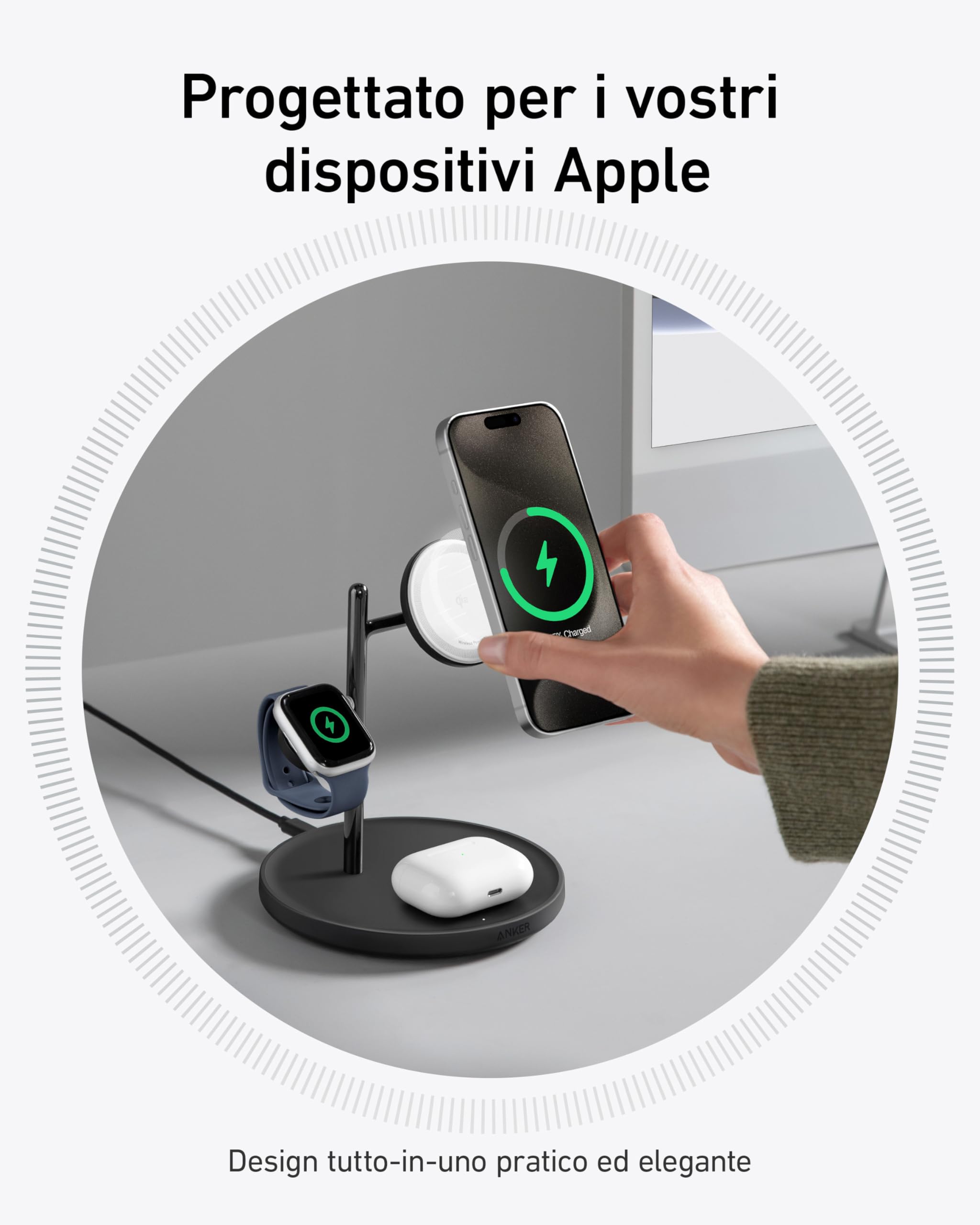 Anker Stazione di Ricarica Wireless 3 in 1, Certificata Qi2 15W Compatibile con MagSafe, Supporto per Serie iPhone 15, AirPods Pro, Apple Watch Ultra (Caricatore USB-C e Cavo Inclusi)