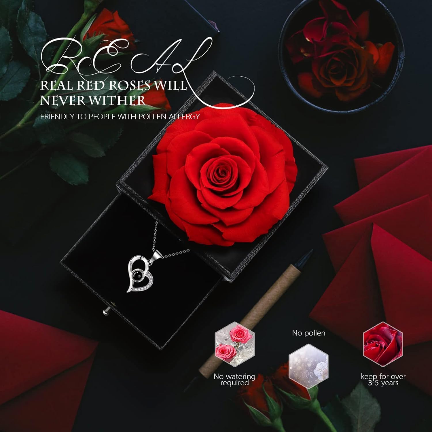 HENIRAG 1PCS Preserved Real Red Rose, Eternal Rose & Heart Necklace Eternal Rose Flowers Gift with I Love You in 100 Languages Romantic Gifts for Women Mom Wife Girlfriend on Anniversary Birthday(Red)