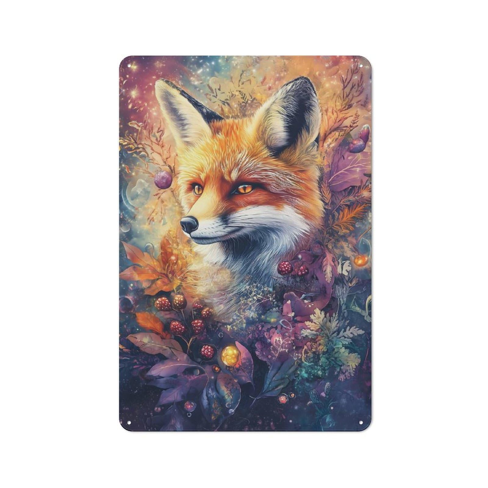 Junmoney Whimsical Fox With Flowers And Berries – Vibr Tin Sign 30X20cm With Ant Digital Airbrush Art For Café Or Home Bar, Rustic Decor, For Vintage Wall Decor Fans, For Metal Sign Collectors