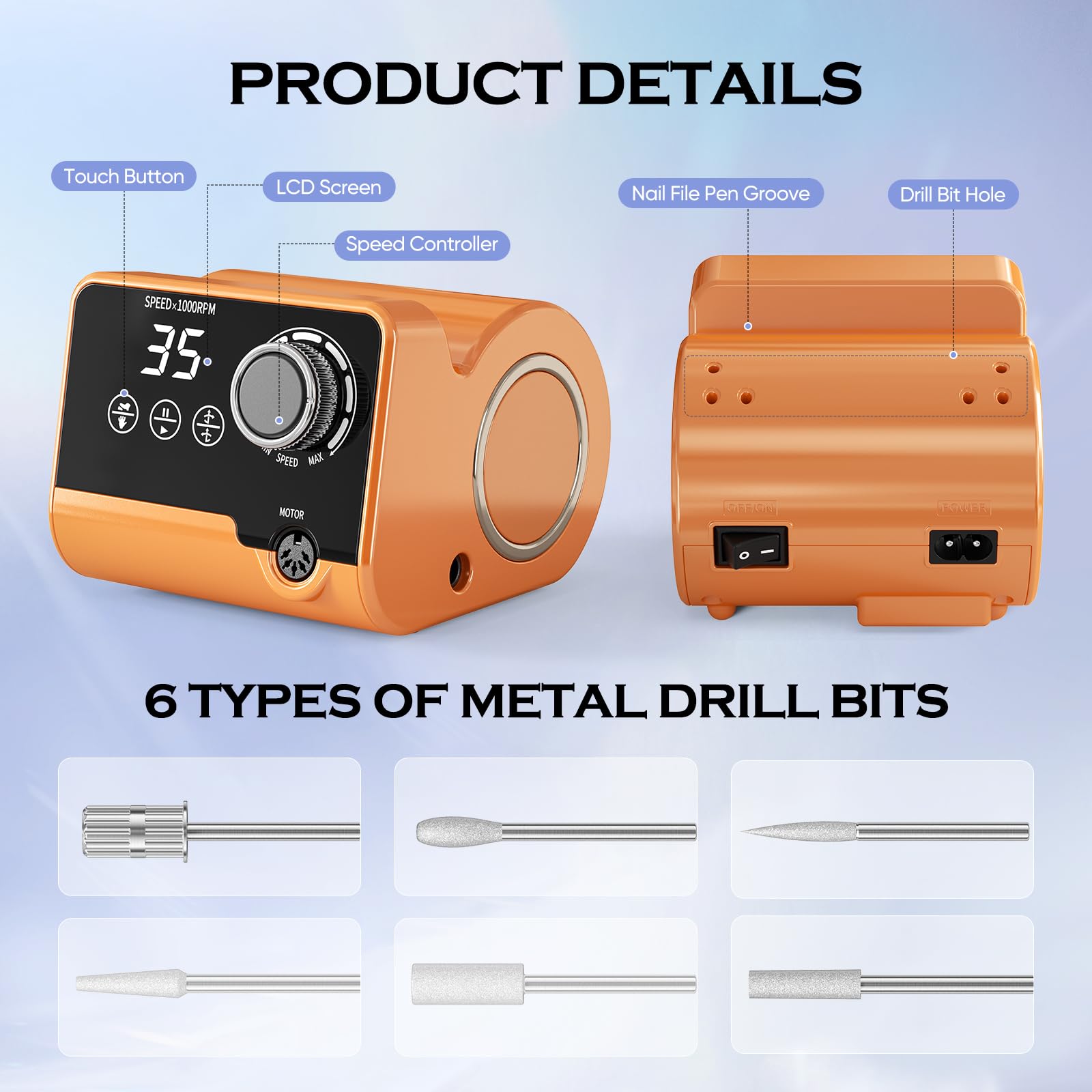 Professionelle Elektrische Nagelfräser, 35000 U/Min Maniküre Pediküre Set mit 6 Fräser, LED Display für Gelnägel und Acrylnägel, für den Heimgebrauch und Nagelstudios (Orange)