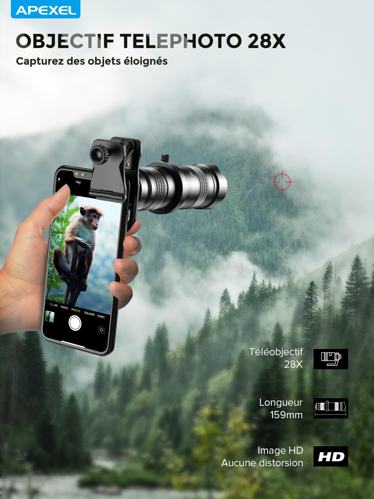 Apexel objectifs pour téléphones Portables High Power 28x HD Téléphone Téléobjectif Fonctionne avec iPhone Samsung Pixel Android Tous Les Smartphones