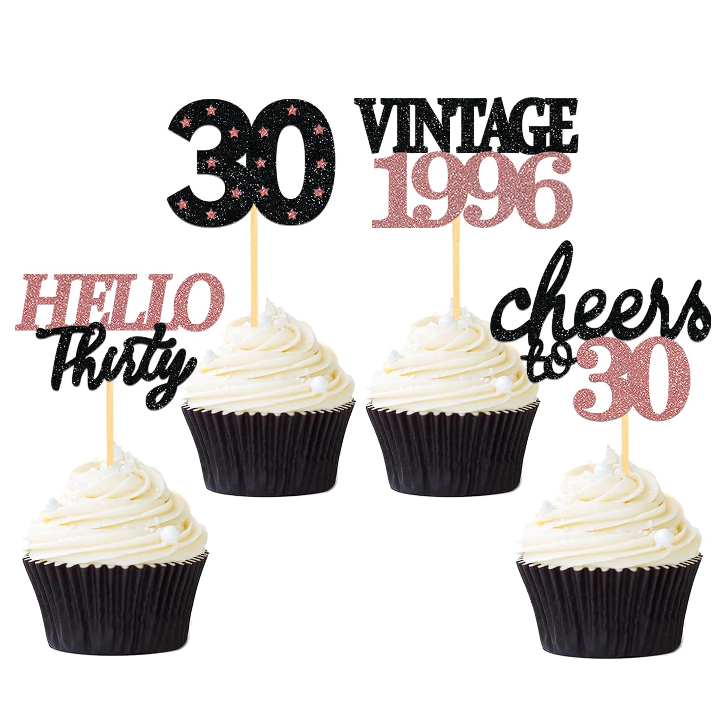 24 PCS Glitter 30th Birthday Cupcake Toppers for Celebrating Thirty Years Old Birthday Party Decorations for 30th Anniversary Party Supplies (Black&