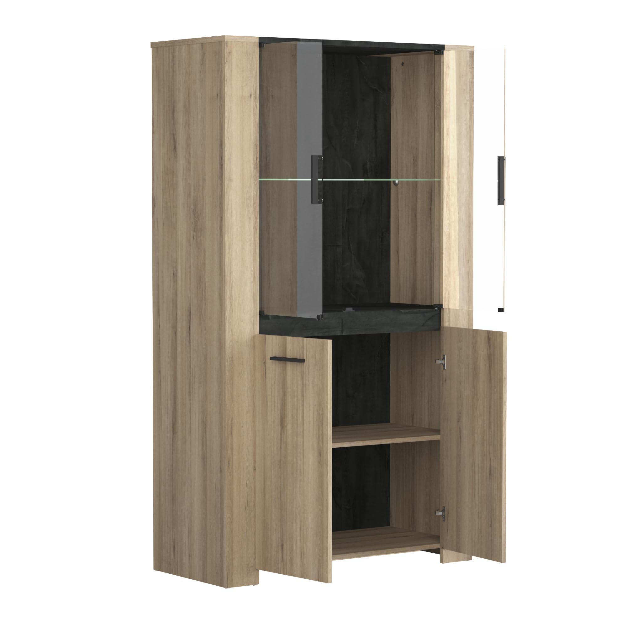 Vaisselier Vitrine Industriel En Bois 2 Portes Vitrées & 2 Portes – Coloris Chêne et Gris Foncé Martelé - 99,8x43,3x73,8 cm