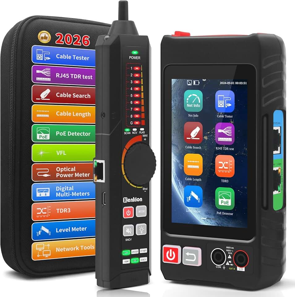 Henkion Testador de Cabos de Rede Rj45 Multifuncional, Testador de Cabos Utp Completo, Localizador de Cabos, Tela Sensível Ao Toque Ips de 4", Suporte Para Tdr, Dmm, Opm, Detecção de Poe++, Medidor