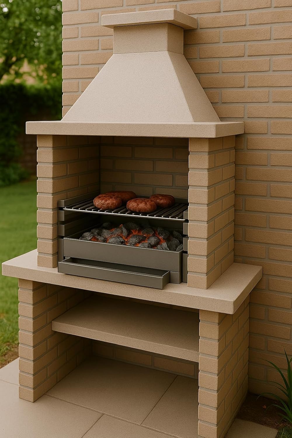 Cajón para Barbacoa con parilla, barbacoa rectangular 60x41 carbón y leña con 3 alturas y cajón para cenizas.
