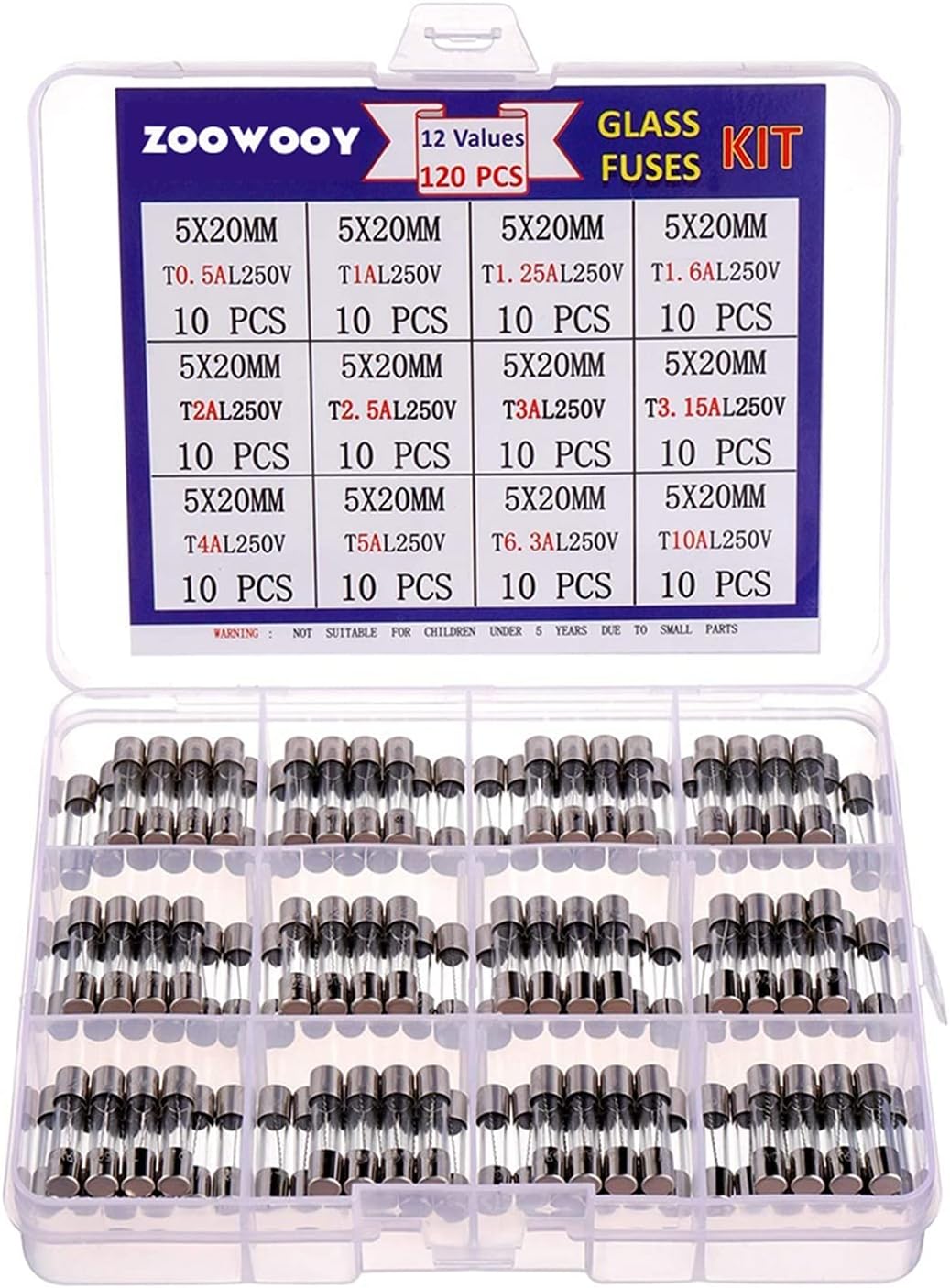 fuses 250 pcs Quick Blow Glass Fuse Assorted Kit 250V 1A, 2A, 3A, 5A, 6A, 7A, 8A, 10A, 6x30，5x20mm Tube Fast-Blow Box(120pcs)