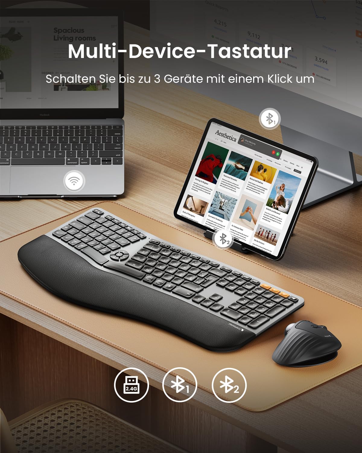 ProtoArc EK01 Plus Beleuchtet Ergonomische Tastatur Kabellos, Full Size | Split Wireless Keyboard mit Handballenauflage, Bluetooth und USB, Wiederaufladbar, für Windows/Mac/Android
