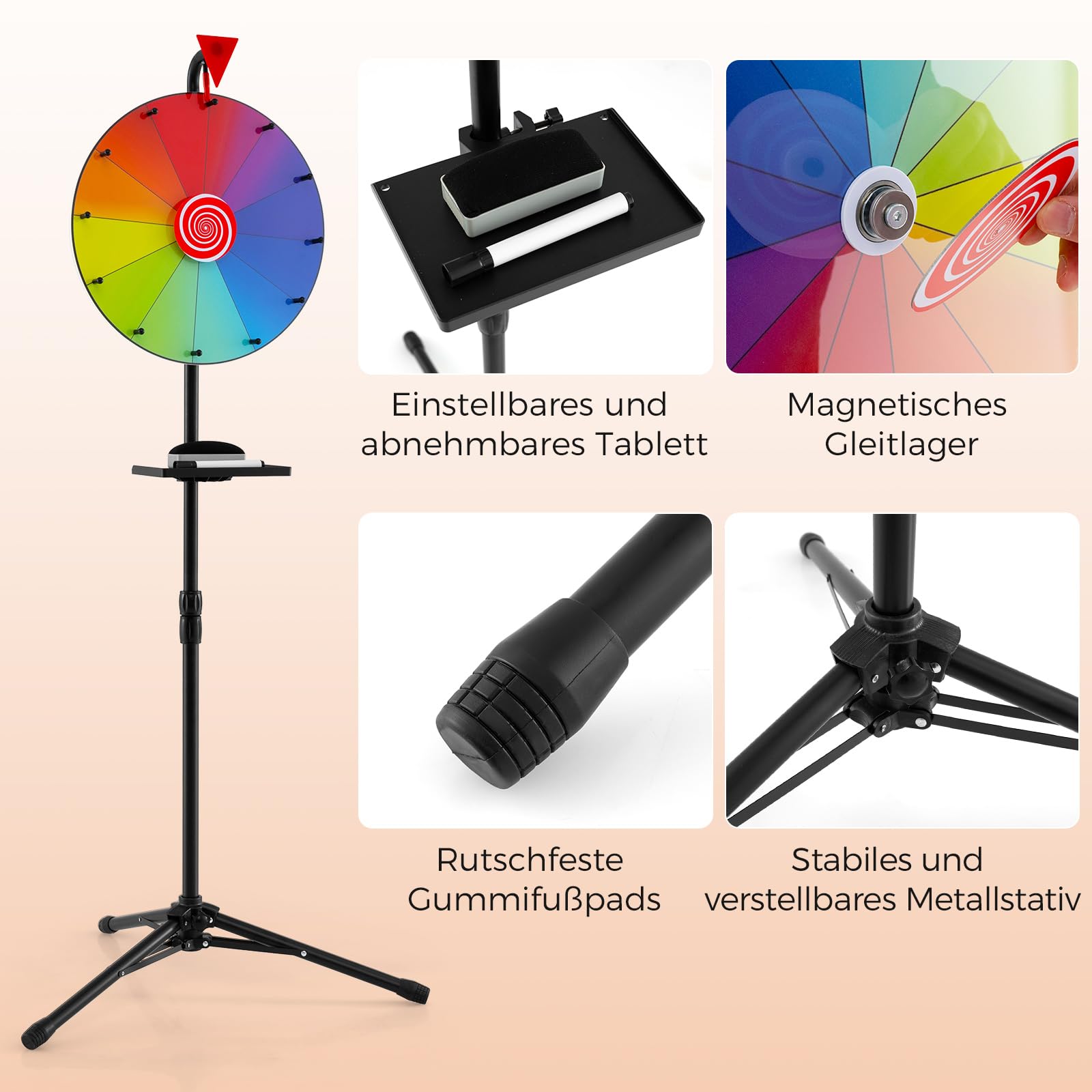 GOPLUS 40 cm Glücksrad, höhenverstellbarer Glücksrad-Dreher mit Falt-Stativ, Trockenlöschmarker & Radiergummi, farbiges Rouletterad mit 12 Schlitzen für Karneval, Messe & Partyspiele