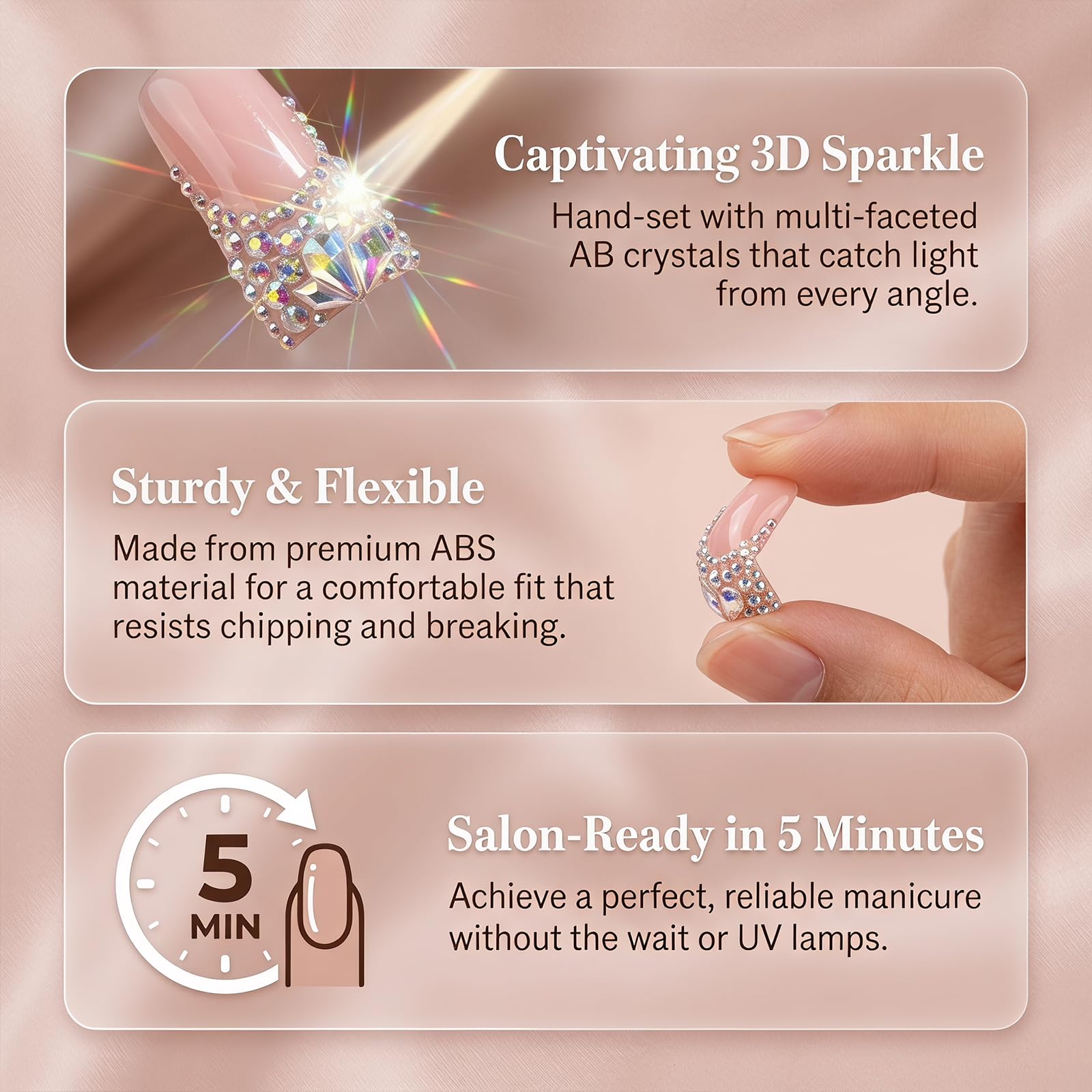 Unghie finte lunghe fatte a mano a forma di anatra, finte unghie finte di lusso con punta francese in cristallo e strass, unghie finte in gel rosa diamante, confezione da 10 unghie