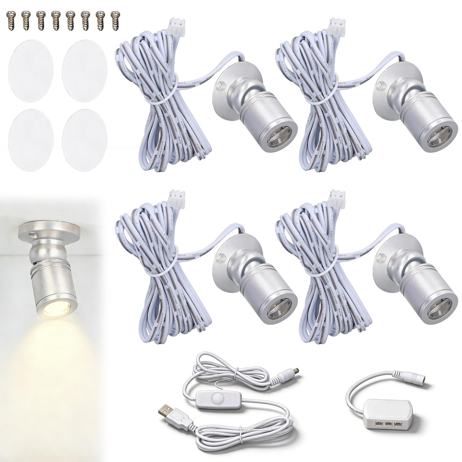 4 Faretti Con Display A Led, Mini Faretti Dimmerabili Da 5 V, Alimentati Tramite Usb Faretti Da Interni Faretti Con Display A Led Per Vetrina Di Gioielli, Portico D'ingresso (Luz De La Naturaleza)