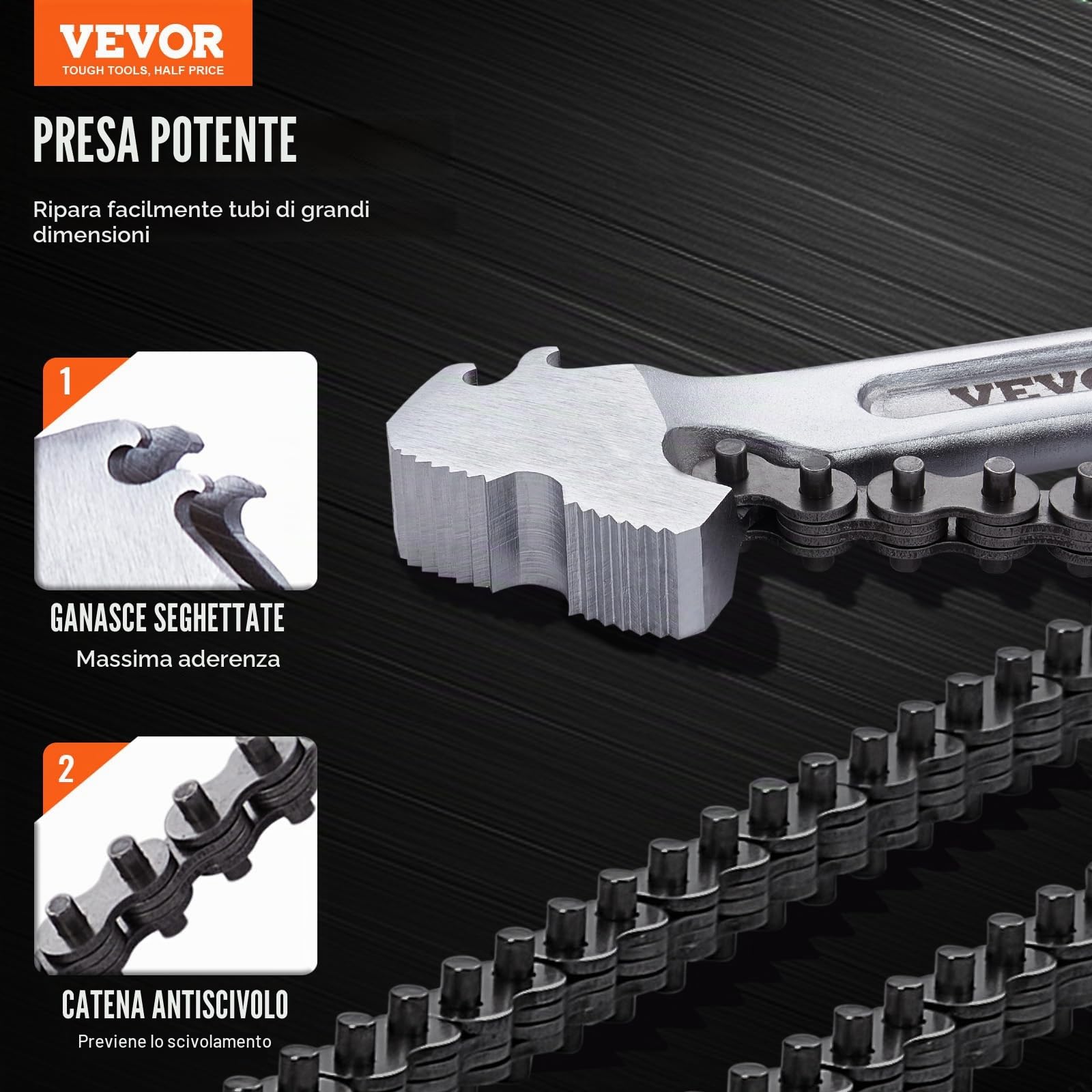 VEVOR Chiave a Catena, Chiave per Tubi a Catena 1219 mm, Chiave per Raccordi per Tubi Reversibile CRV con Ganascia ad Alta Resistenza e Impugnatura Ergonomica, Installazione Tubi e Auto Riparazione