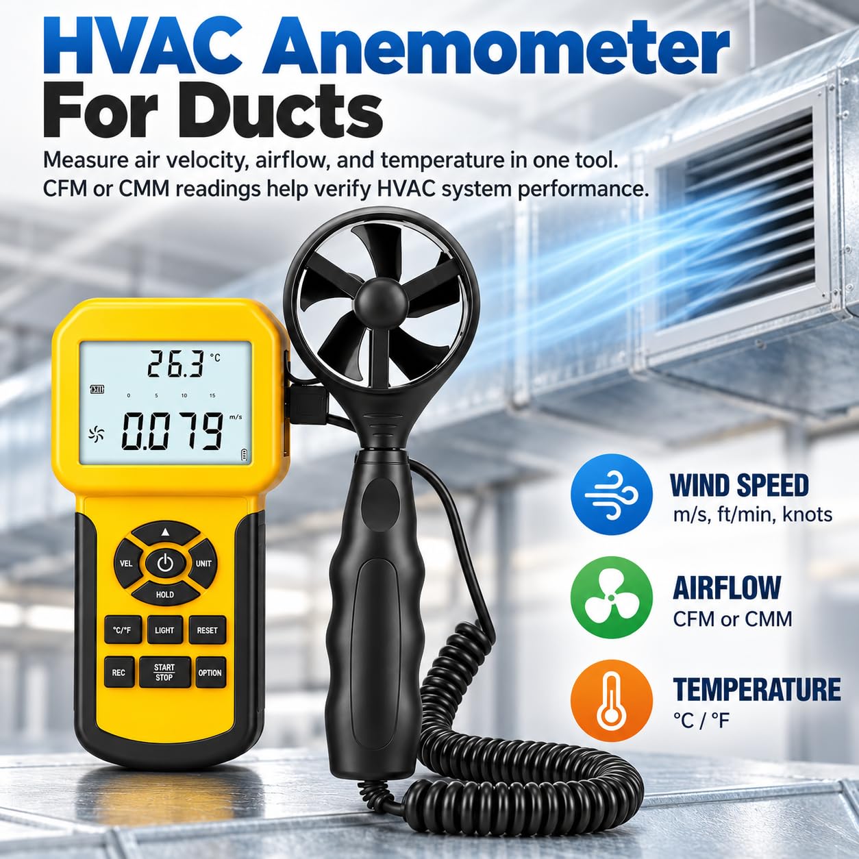 Anemómetro HVAC, rango de velocidad del viento 0,3-45 m/s, flujo de aire