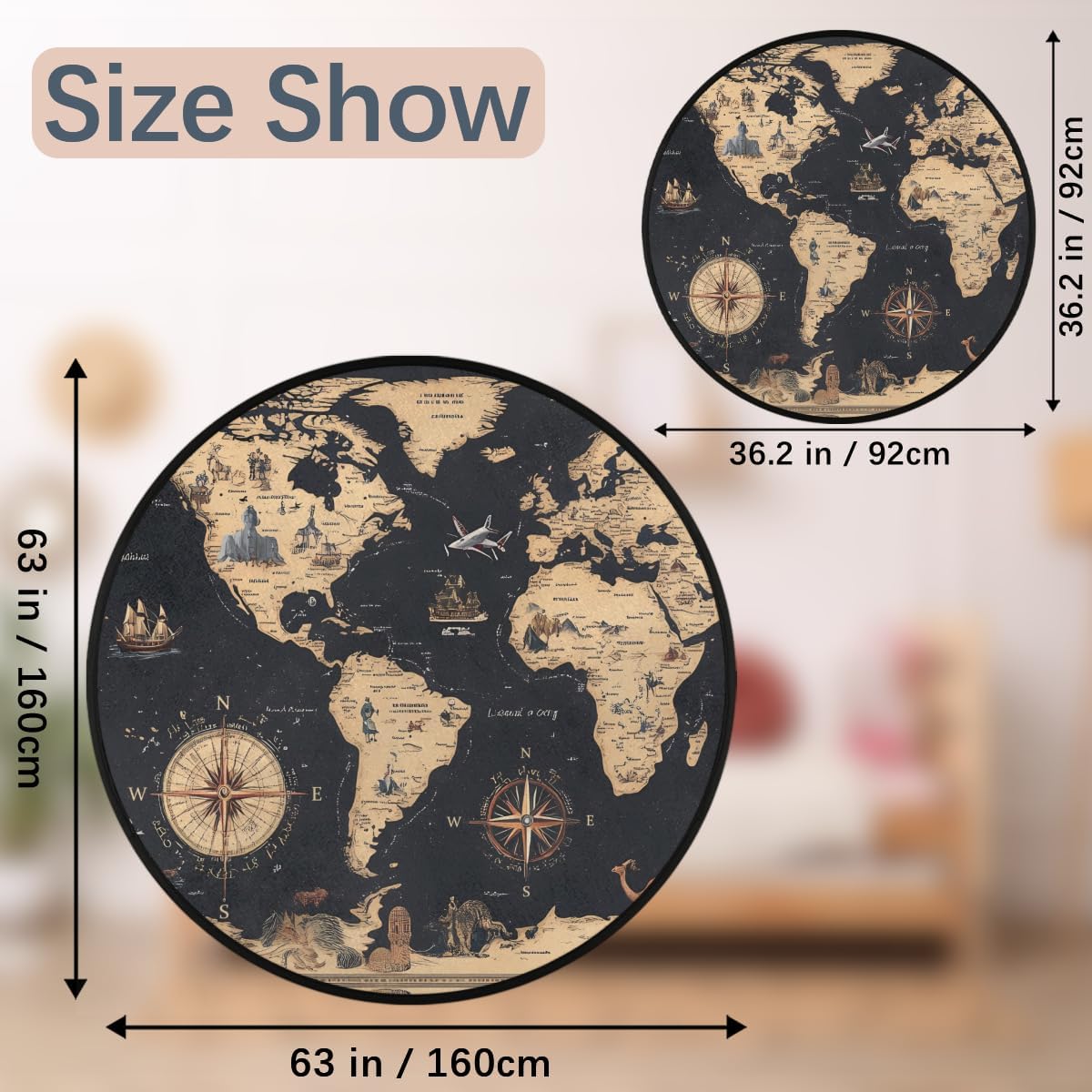 Round Area Rug 3 ft - Compass Map Washable Circle Rugs Non Slip Round Floor Mat - Soft Large Carpet for Living Room Nursery Bedroom Kitchen