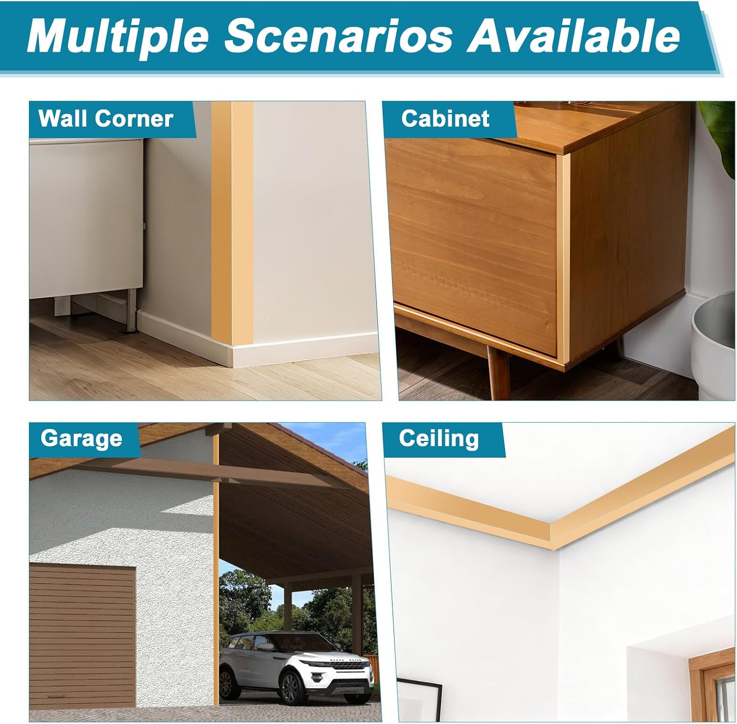 Raytano 4Pcs 45" L ×1" W Self Adhesive Metal Corner Protectors, Modern Aluminum Wall Corner Guards for Wall Door Furniture Cabinet Baseboard Frame Protection and Decoration (Size:45" x 1",Golden)