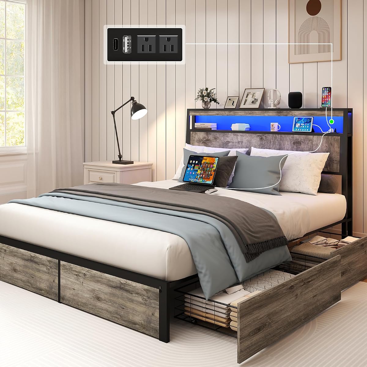 SADENICEL Full Size Bed Frame with Storage Headboard, Metal Platform Full Bed Frame Wood with 4 Drawers, LED Light, Charging Station, No Box Spring Needed, Noise Free, Easy Assembly, Grey