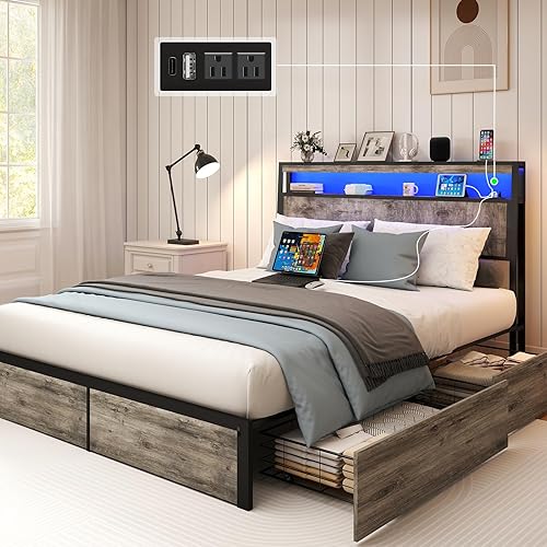 SADENICEL Full Size Bed Frame with Storage Headboard, Metal Platform