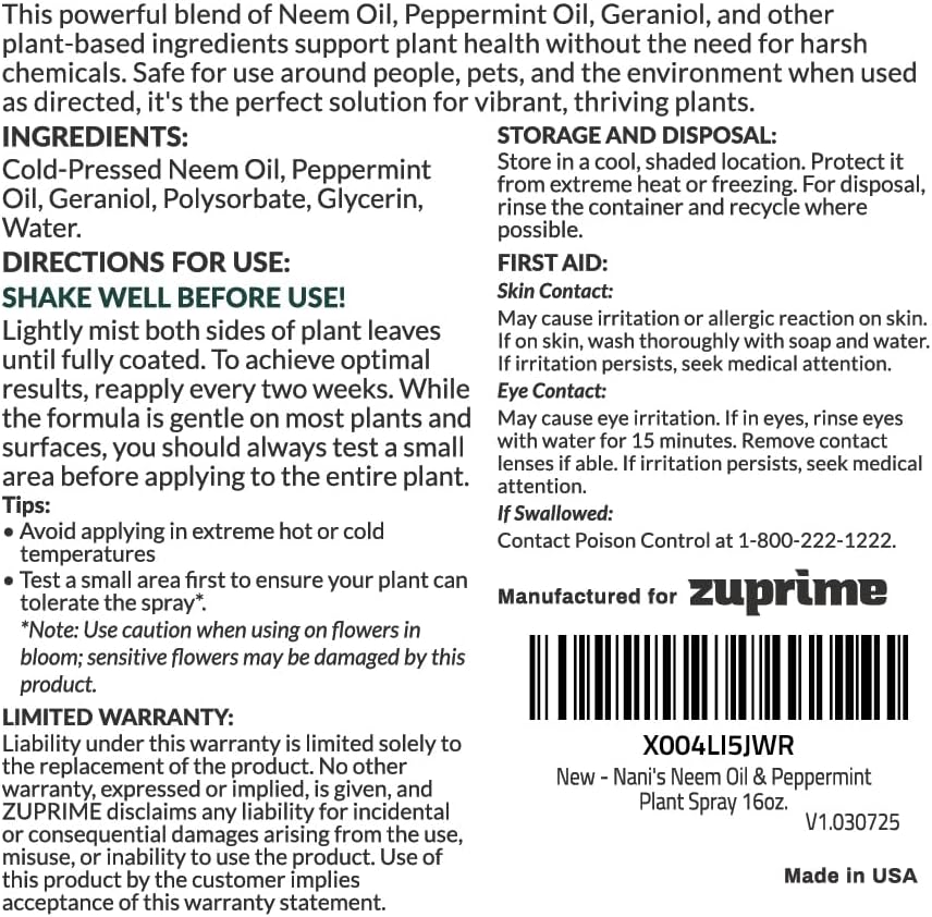 Nani’s Neem and Peppermint Oil Spray 16 Fl.oz. (Made in USA) – 100% Cold-Pressed Organic Neem Oil Spray for Plants – Natural Leaf Shine & Care – Ready to Use for Indoor Plants & Outdoor Gardens - Image 9