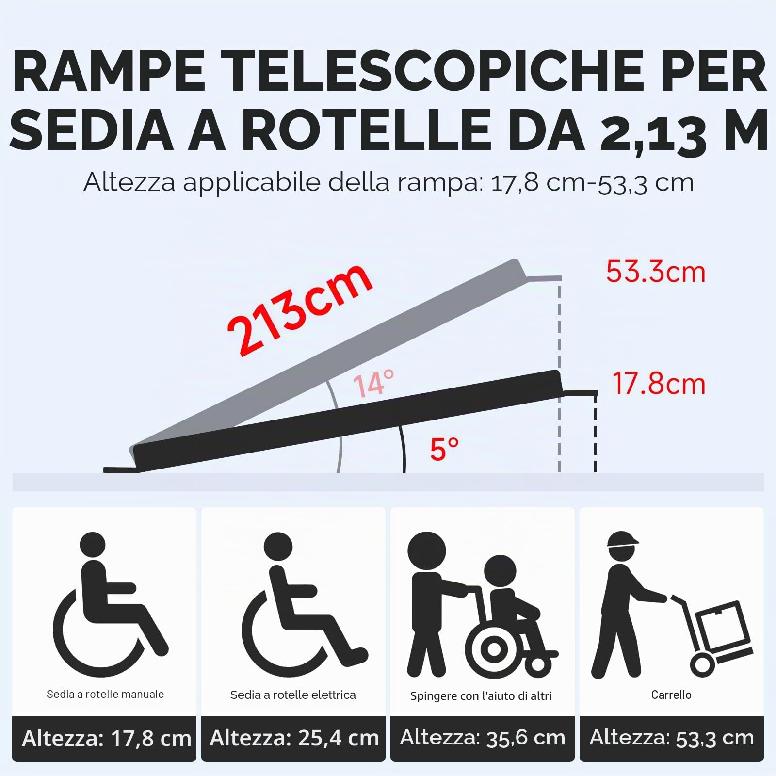 2PCS Rampa Telescopica per Sedia a Rotelle, Max 272 kg 120-213 cm Regolabile in Alluminio Antiscivolo, per Scale e Ostacoli, con Borsa in Tessuto