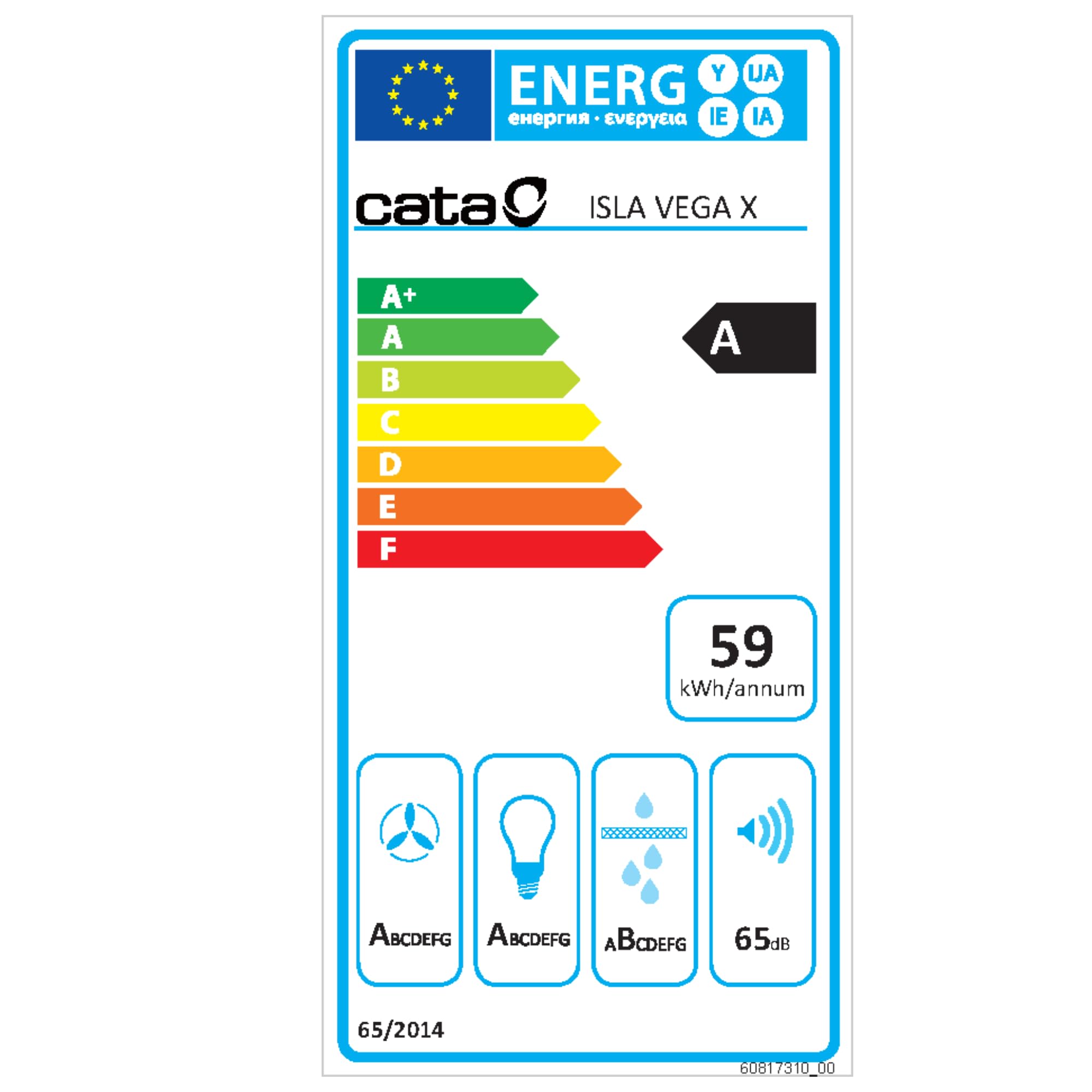 CATA Isla Vega Campana Extractora de Isla de 60 cm, 850 m³/h, 3 Velocidades 2+1 Turbo, Control Electrónico, Temporizador, Iluminación LED, Clase A, Acero Inoxidable