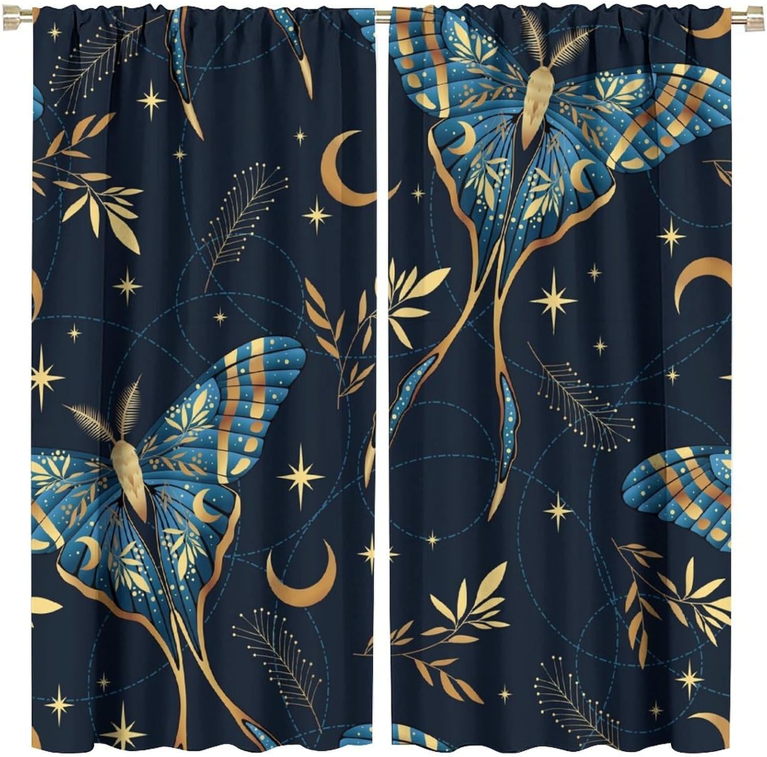 Witchy Botanical Goth Moth Star Curtains, 2 Panels, Rod Pocket, Blackout, 21.1"W x 44.8"L (Pack of 2), Bedroom, Living Room, Kitchen
